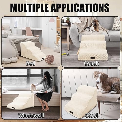 Miniatura 8 de Escaleras para perros, escaleras para mascotas con espuma de alta densidad y funda extraíble, rampa para perros de 15.7 pulgadas de alto para cama,