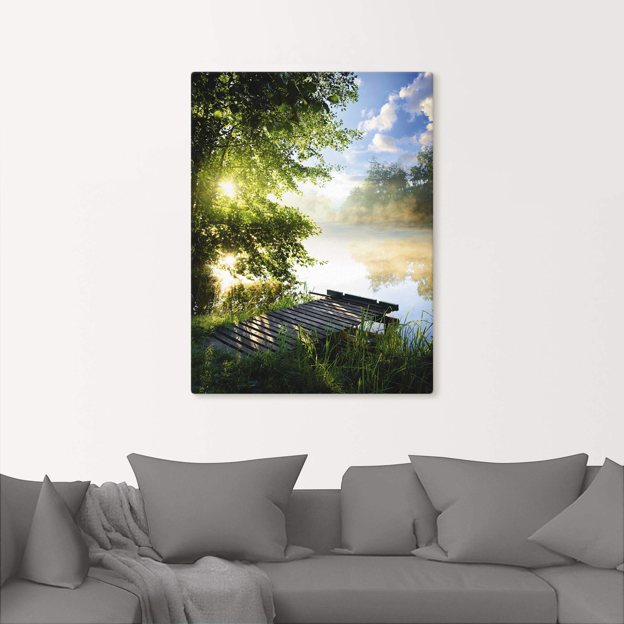 ARTLAND Wanddeko Leinwand Bilder Wandbild 60x80 cm Natur Landschaft Wald Baum See Steg Sommer Sonne Gräser T0WD