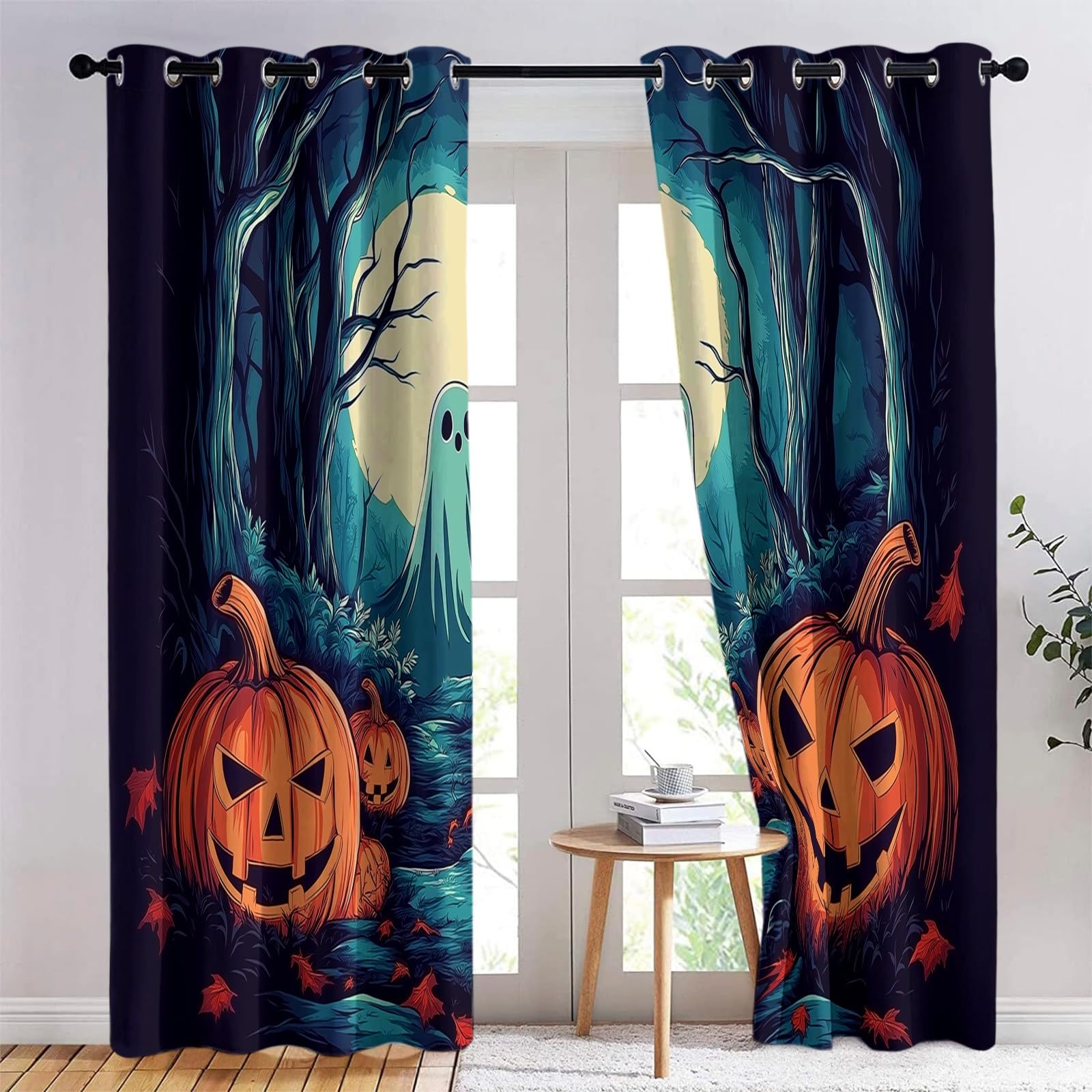 Dziecięca termiczna zasłona zaciemniająca z duchem dyni las na Halloween, 110 x 215 cm, zestaw 2 zasłon z nadrukiem do salonu, sypialni, kuchni, dekoracji wnętrz, zasłon i zasłon z oczkami, niebieska