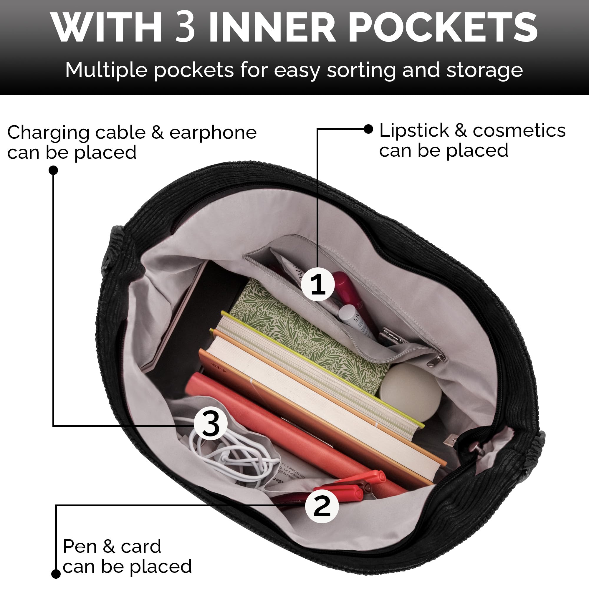 Prite Women’s Corduroy Tote Bag with Zipper, Stylish Shoulder Bag with Adjustment Straps for Work, Travel, Daily Use(Black)