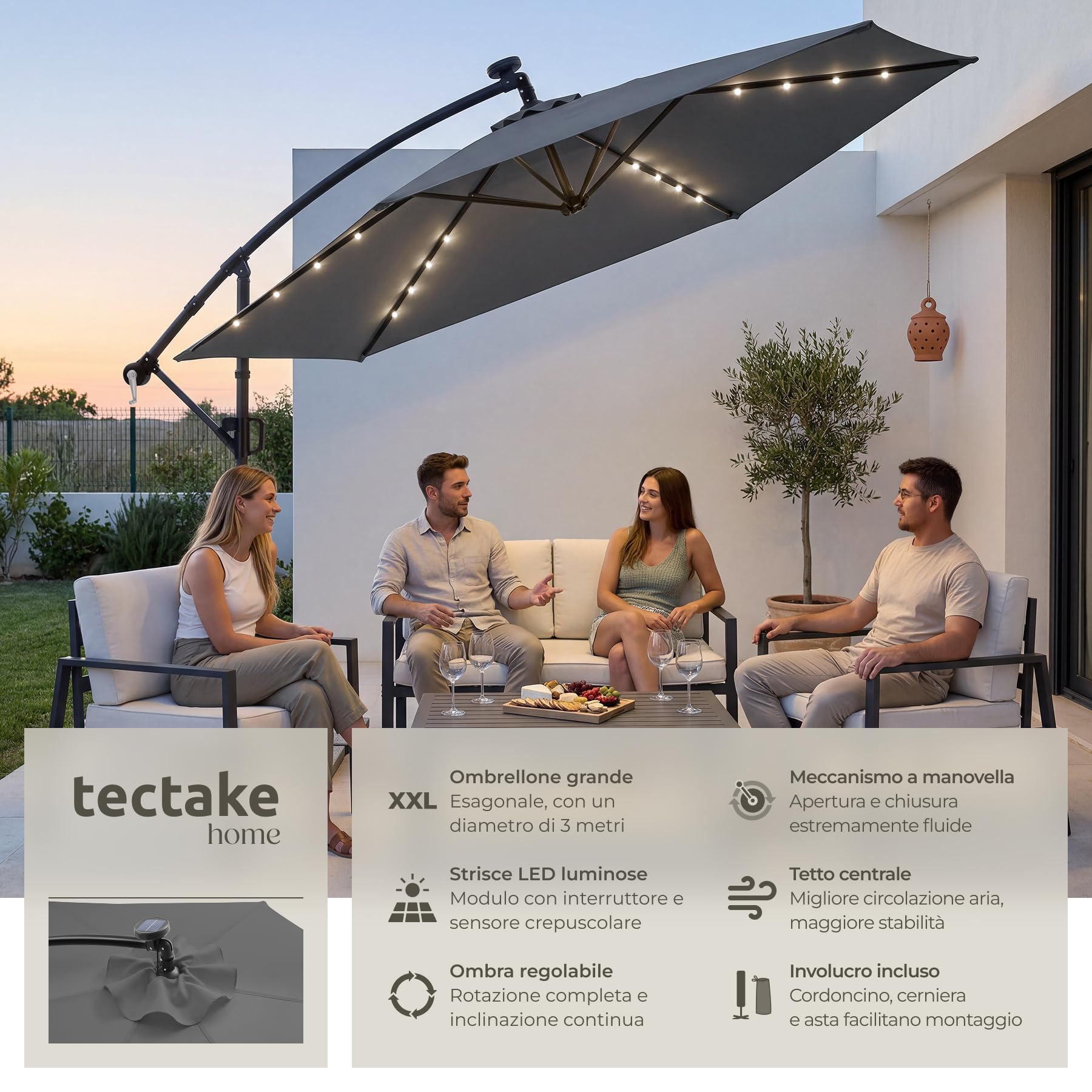 tectake® Ombrellone da Giardino 3x3 m, Ombrellone a Braccio Girevole 360° con Strisce Led a Energia Solare, Protezione UV 50+, Idrorepellente, Inclinabile, Base in Acciaio a Croce, Manovella