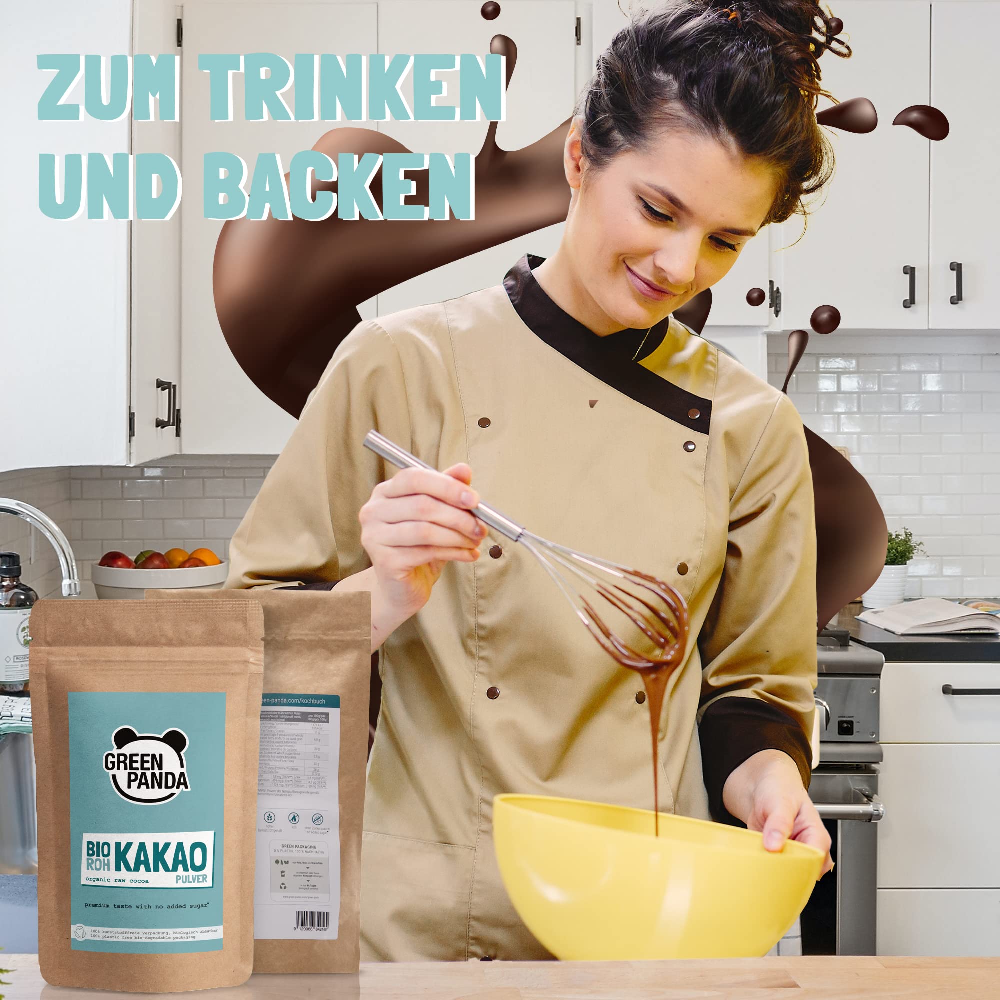 GREEN PANDA® BIO Rohkakao aus Premium Kakaobohnen | Bio Kakaopulver stark entölt und zuckerfrei | Kakao ohne Zucker für Trinkschokolade, Shakes, Desserts, zum Backen oder ins Müsli | 1kg