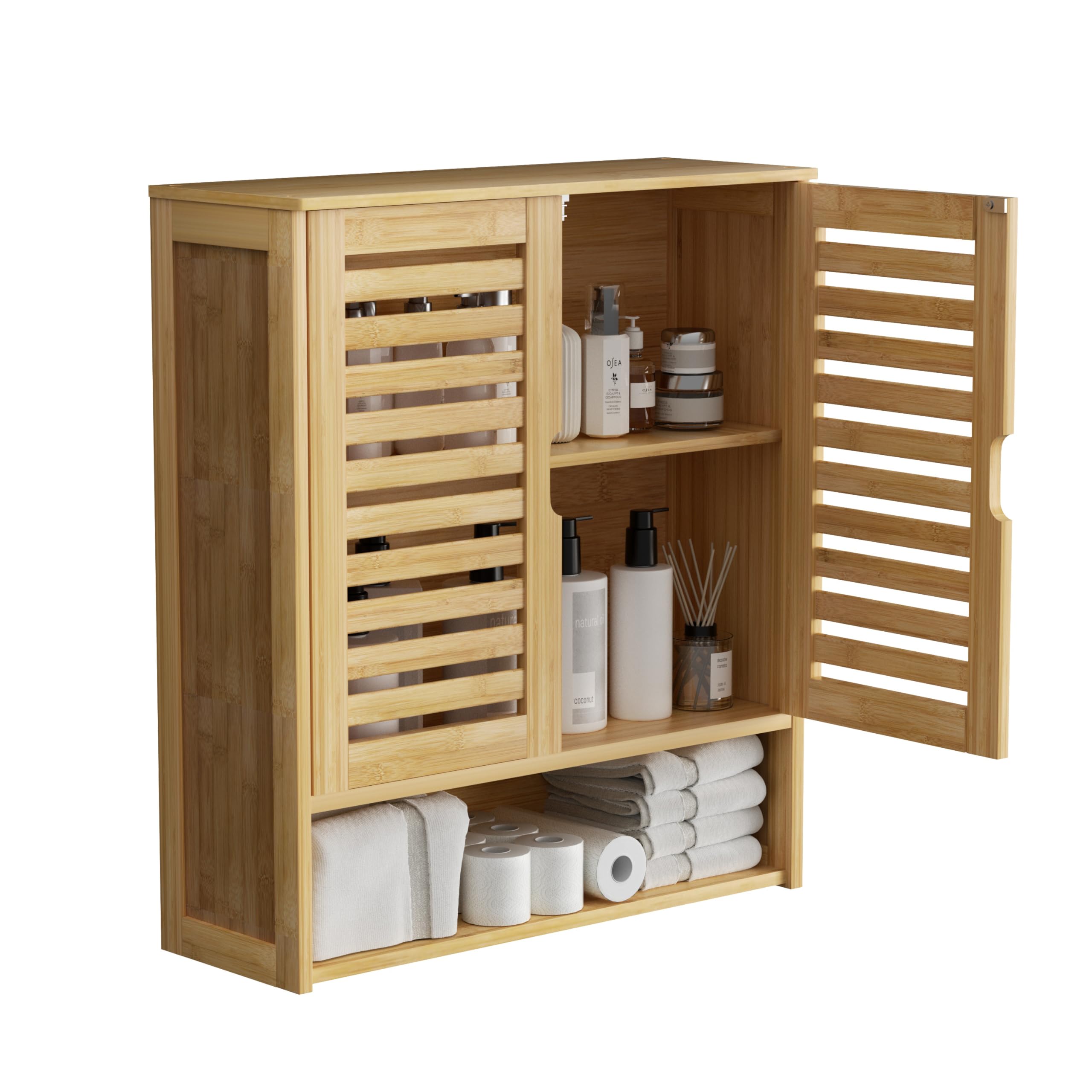 unho Meuble Salle de Bain Mural: Armoire Toilette Suspendu en Bambou Naturel Placard WC 2 Portes Rangement Cuisine Murale avec Étagères Réglables - 59x20.5x66.5 cm