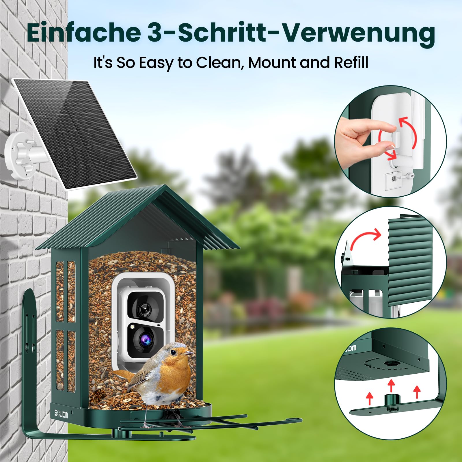 SOLIOM BF08 Pajarera con cámara, comedero para pájaros para el patio trasero, comedero para pájaros con grabación de vídeo, cámara WiFi, alimentador inteligente para pájaros con panel solar y