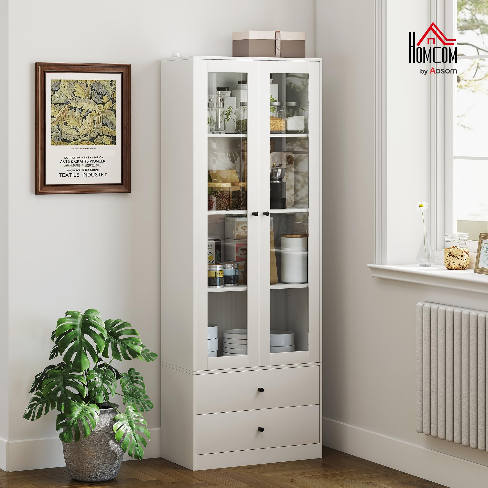 HOMCOM Credenza Cucina Multiuso Mobile con 2 Cassetti 59x30x164cm Bianco | Armadietto, per Soggiorno e Salotto, Ante in Vetro, Cerniere Ammortizzate, Ripiani Regolabili