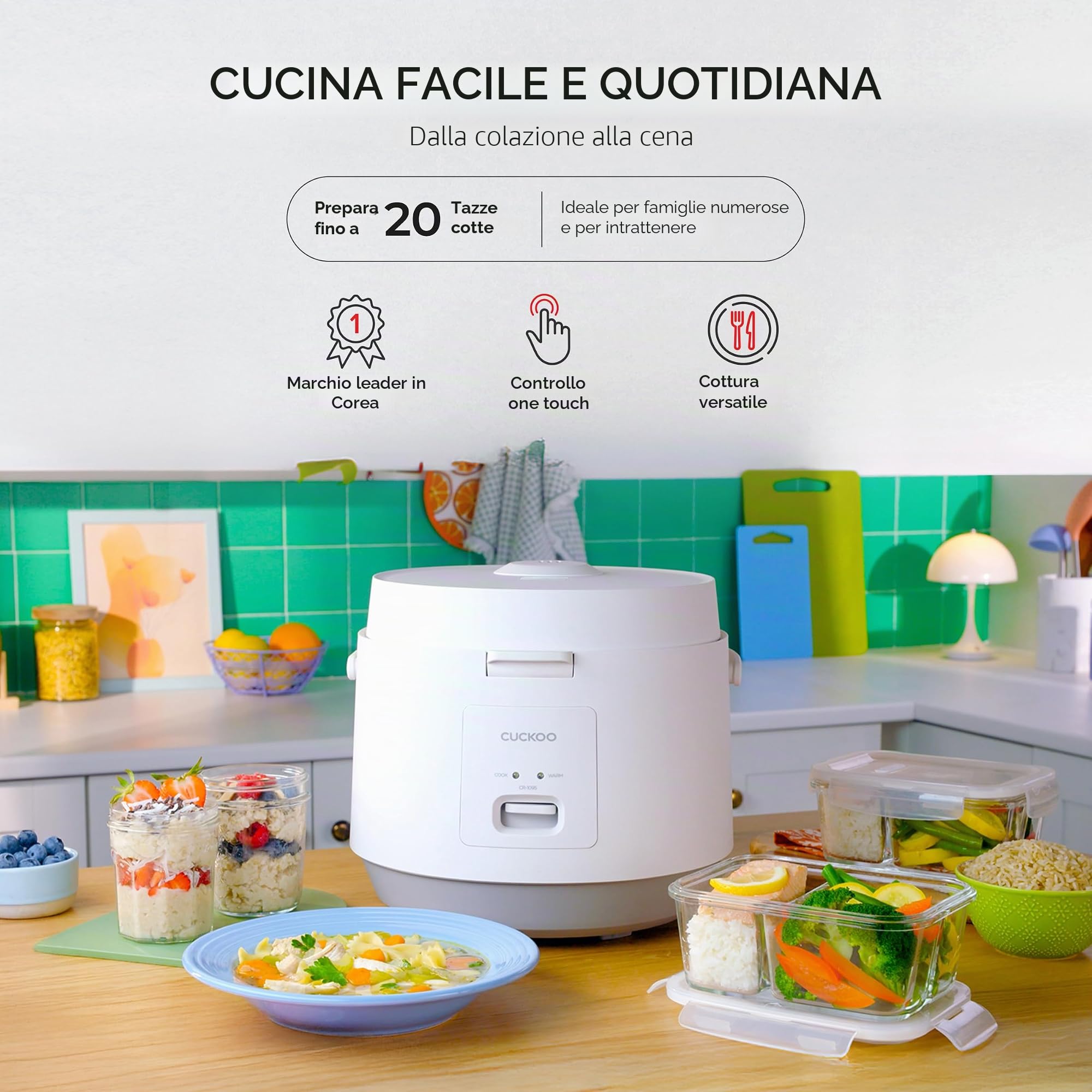 CUCKOO CR-1095 - Cuociriso da 10 tazze (non cotte) / 20 tazze (cotto), con pentola interna antiaderente, interruttore a pressione (bianco)
