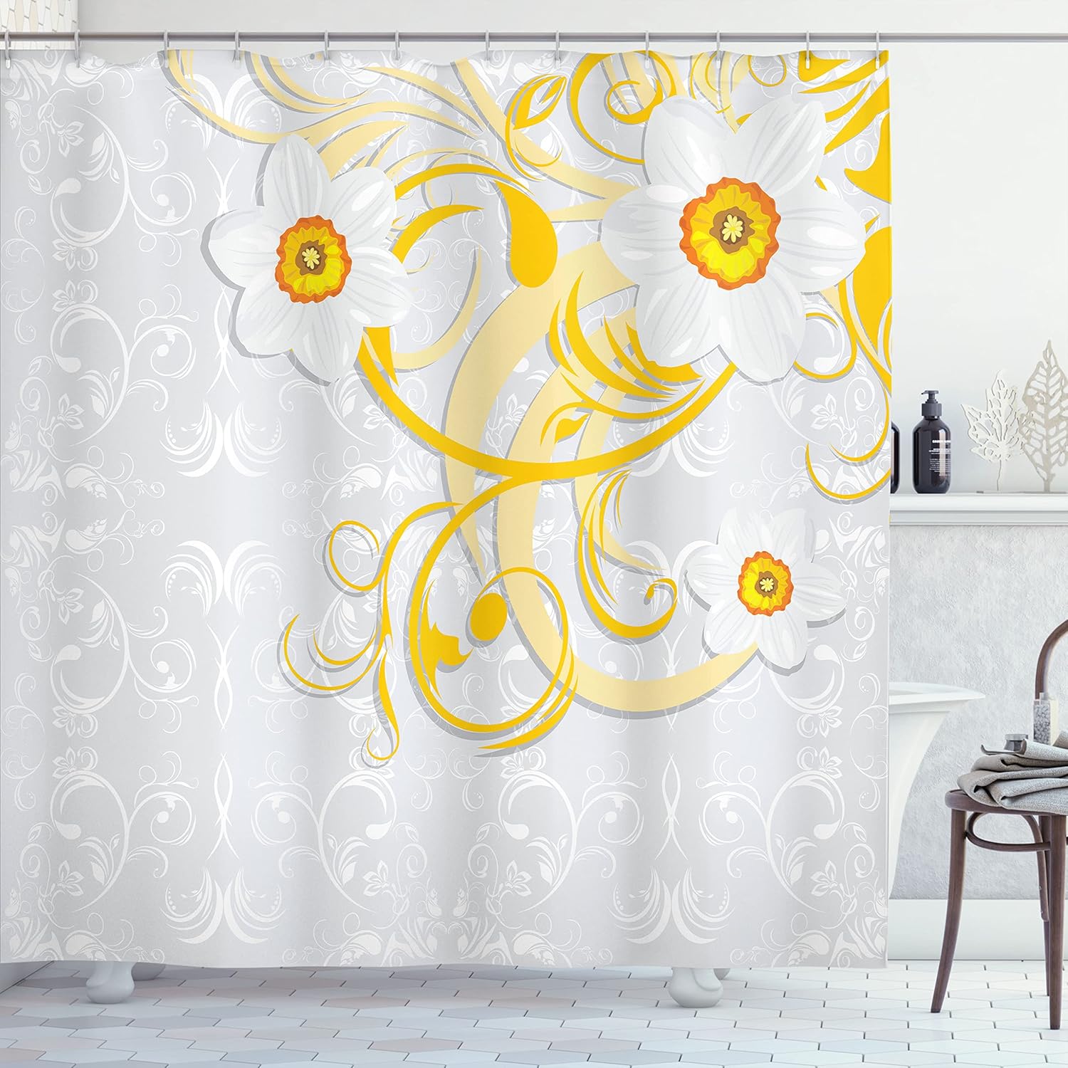 Ambesonne Daffodil Shower Curtain, Daffodils on Ornate Background Floral Repeating Swirling Curves Spring Pattern, Cloth Fabric Bathroom Decor Set with Hooks, 69" W x 70" L, Grey Yellow
