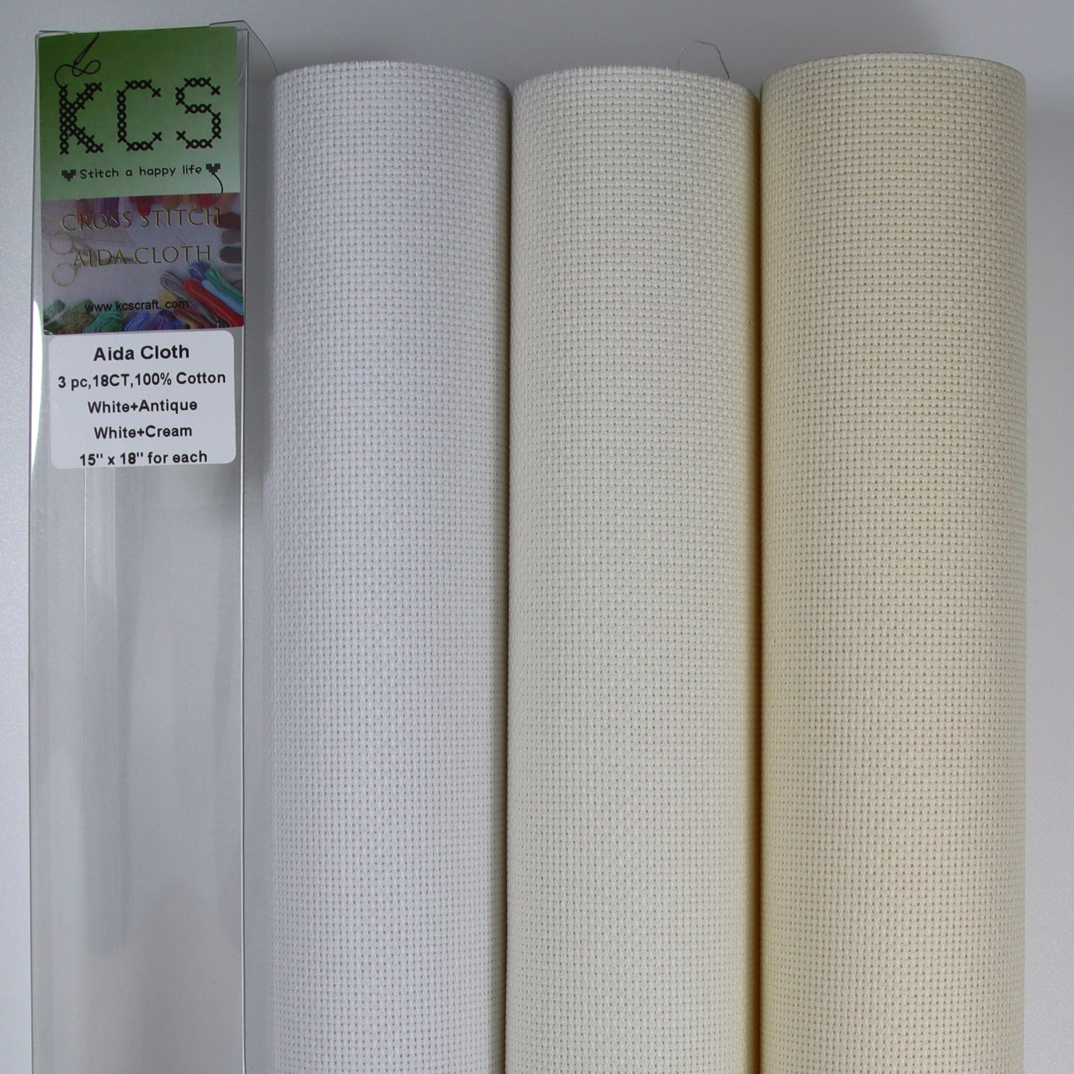 KCS 3 pc of 15" x 18" Counted Cross Stitch Cotton Aida Cloth Needlework Fabric,18CT,White+Antique White+Cream