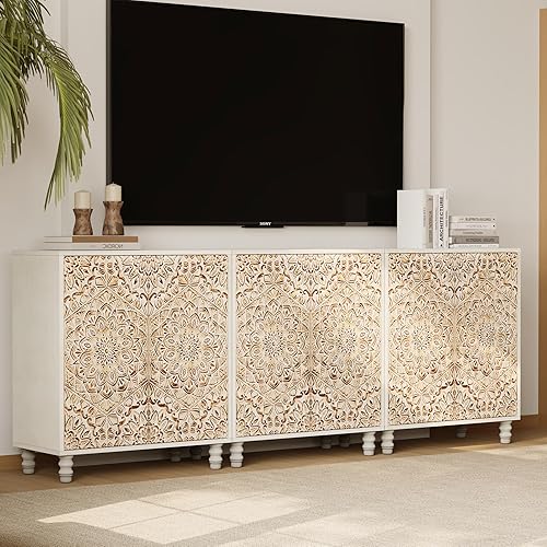 HOMPUS Sideboard Buffet Storage Cabinet Set of 3, Farmhouse Console Cabinets, Accent Cabinets with 2 Doors & Adjustable Shelf, Large Credenza Coffee Bar for Living Room, Kitchen, Distressed White