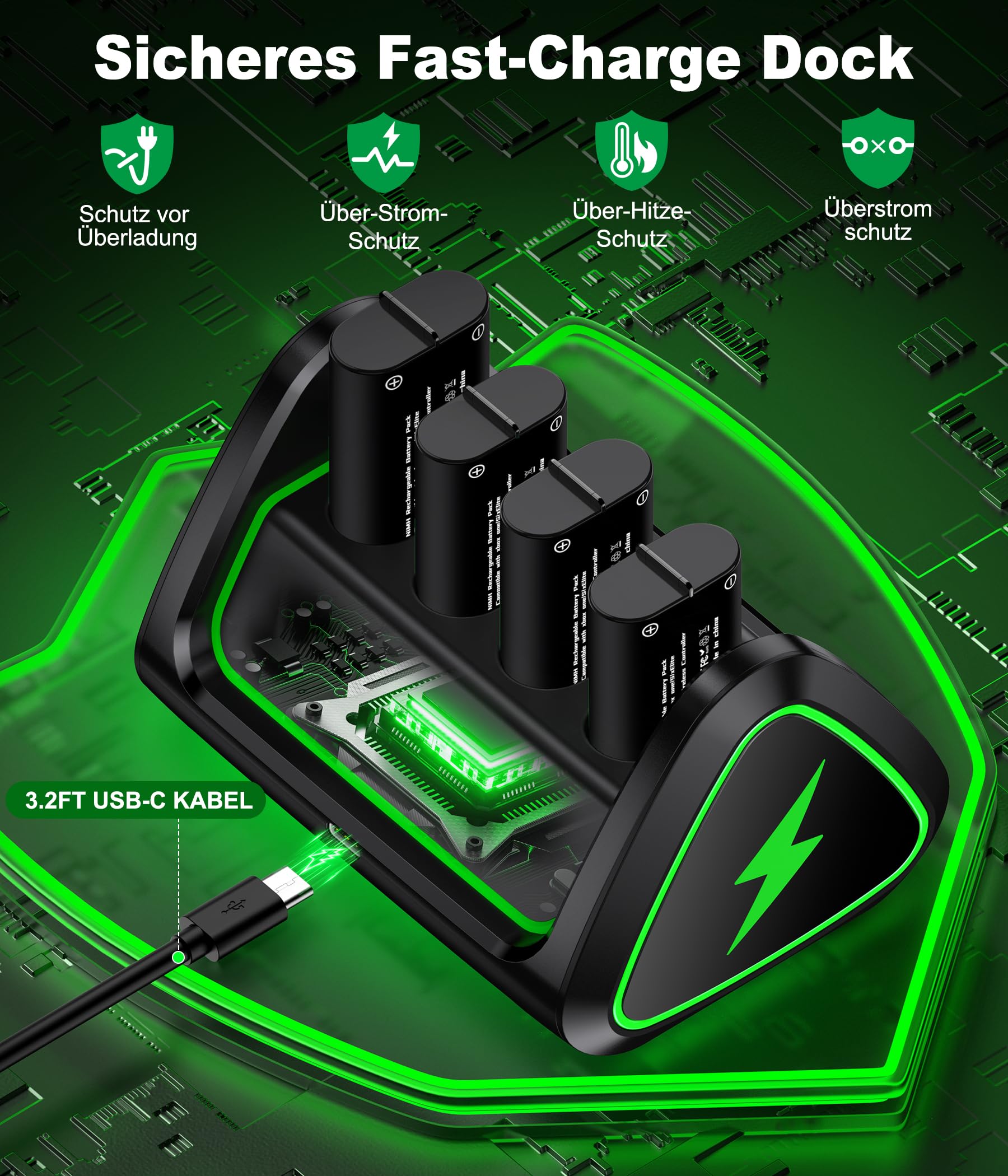 Lot de 4 batteries 4080 mWh pour manette Xbox One/Series S/X, station de charge avec lumière RVB cool, batterie rechargeable compatible avec manette sans fil Xbox Series X|S/S/X/Elite