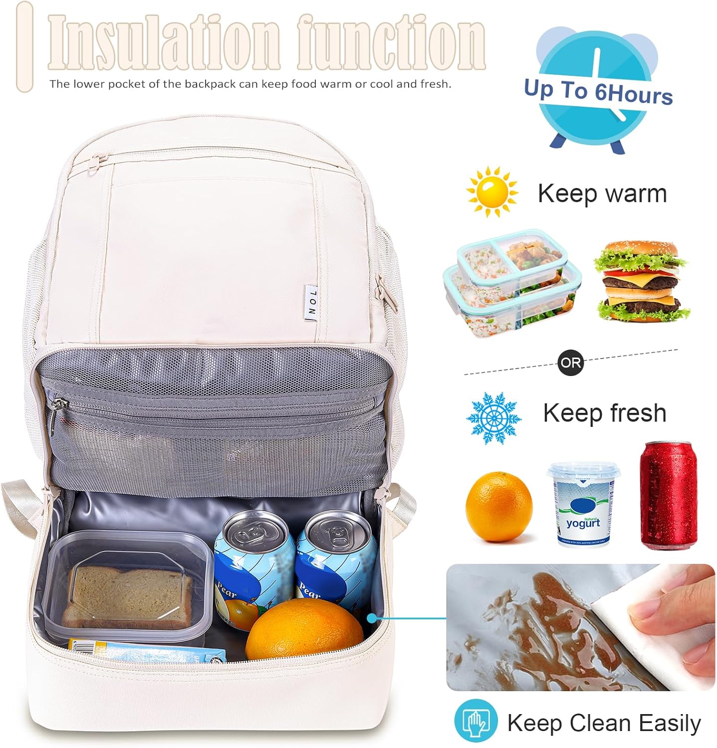 NOL Natural Organic Lifestyle Kids 2-in-1 Backpack & Insulated Lunch Bag-16 Multi-Functional Large Compartments Backpack for School & Travel, Double Deck, Water Resistant, Leak-proof, Padded (Cream) - Image 3