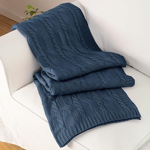 Aormenzy Manta de punto azul pizarra oscura, manta decorativa de punto trenzado de gran tamaño, manta de punto suave y acogedora para sofá cama, 60