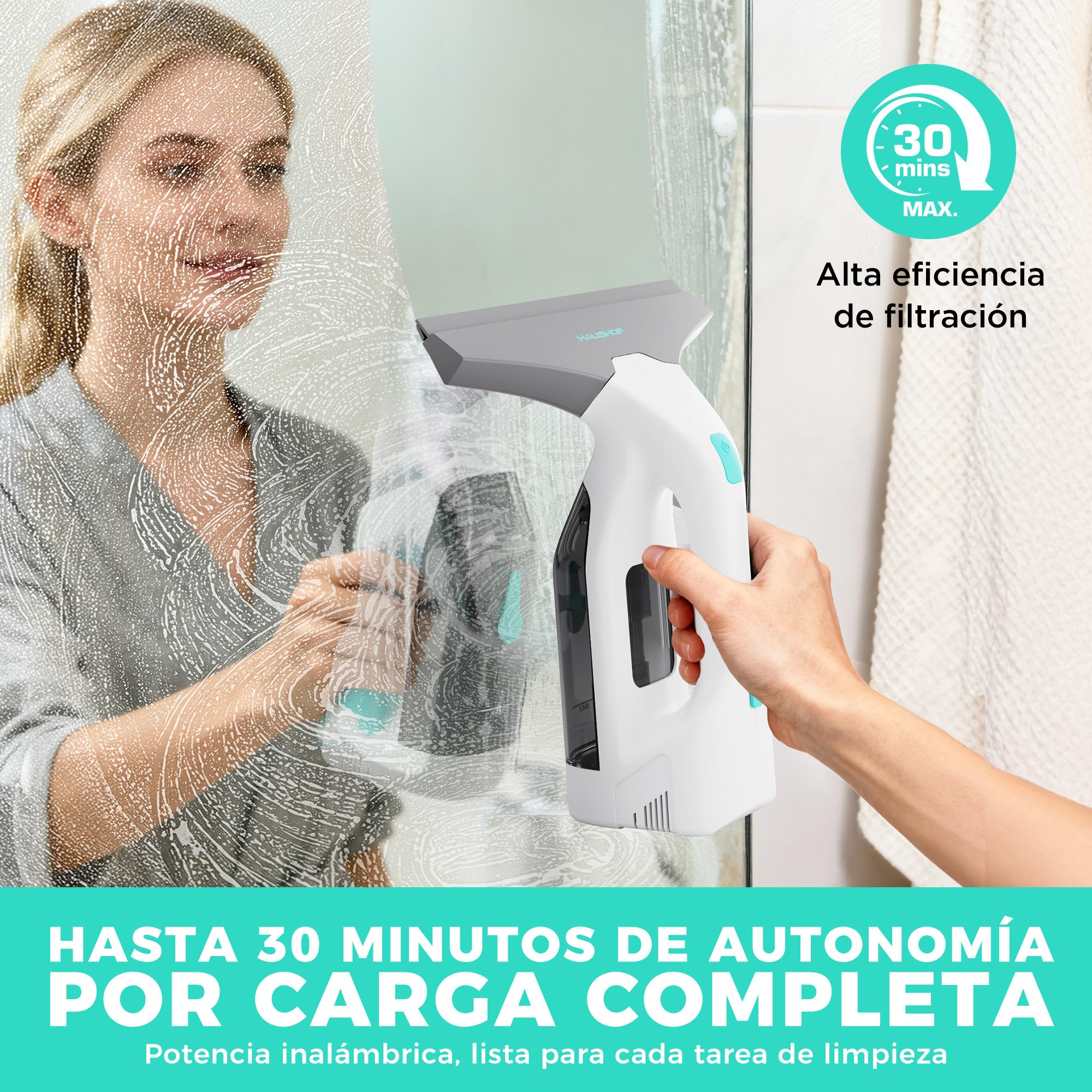 HAUSHOF Limpiadora de Cristales con Potente Succión, Aspirador de Ventanas Eléctrico 30 Min de Autonomía, 280 mm de Limpieza con Boquilla Ajustable, Enchufe USB-C, para Ventanas, Azulejos y Espejos