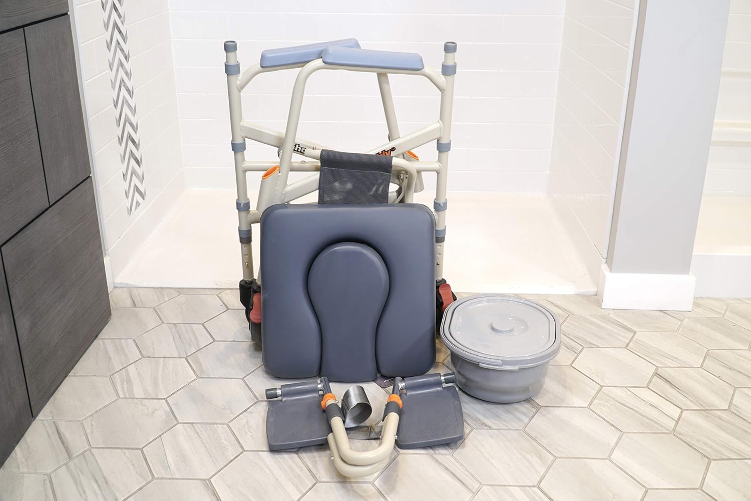 Showerbuddy Lightweight Foldable Roll-in SB7e Shower & Bath Chair | Transport Commode Medical Rolling Bathroom Wheelchair | Hight Adjustable Flip Up Footrests | Perfect for Travel Use : Health & Household