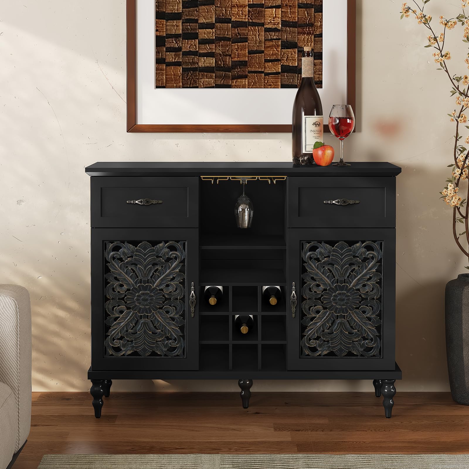 ARTPOWER 47.2" Vintage Wine Bar Cabinet with 2 Hollow Carved Door, Antique Liquor Cabinet with 9 Wine Racks and Glass Holder, Coffee Bar Organizer with Storage for Home, Living Room, Black-image-48