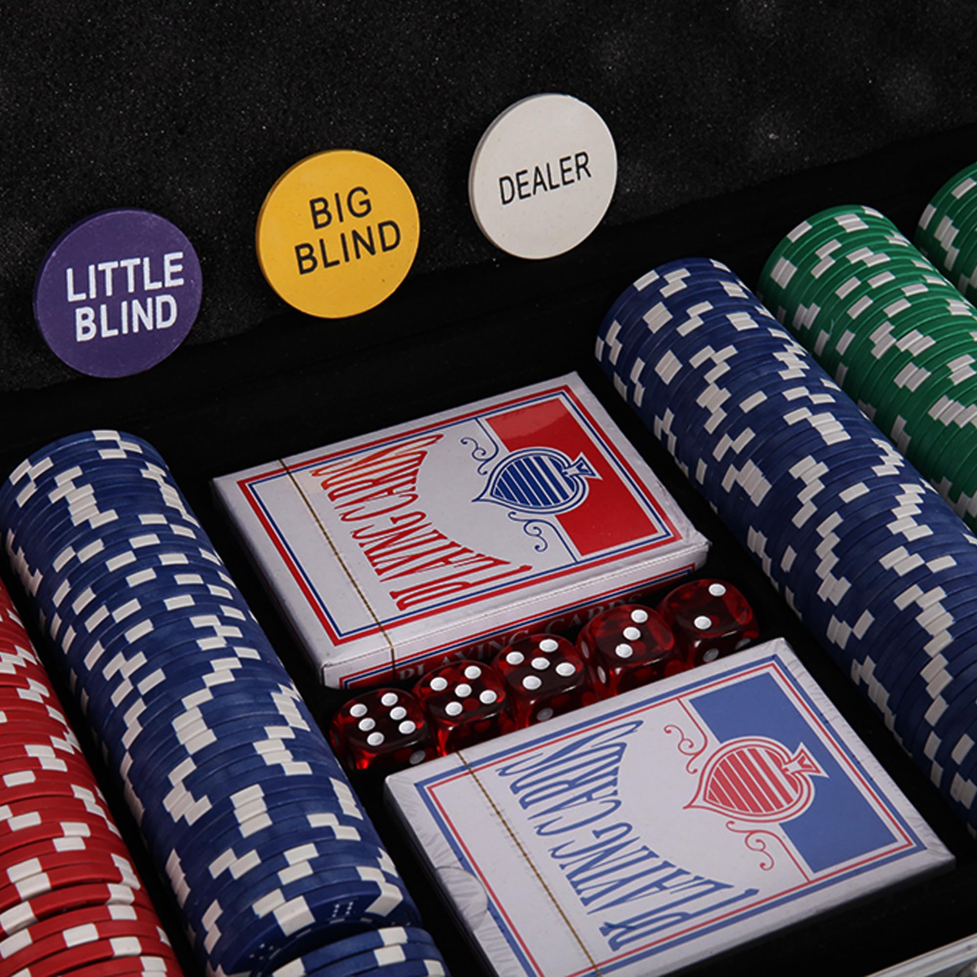 Pokerset inkl. 2X Pokerdecks, 5X Würfel, Dealer/Small Blind/Big Blind Button, Pokerspiel Alu Pokerkoffer mit 300 Chips Laser Pokerchips Set, Kartenspiele Aluminium Kasino Silber