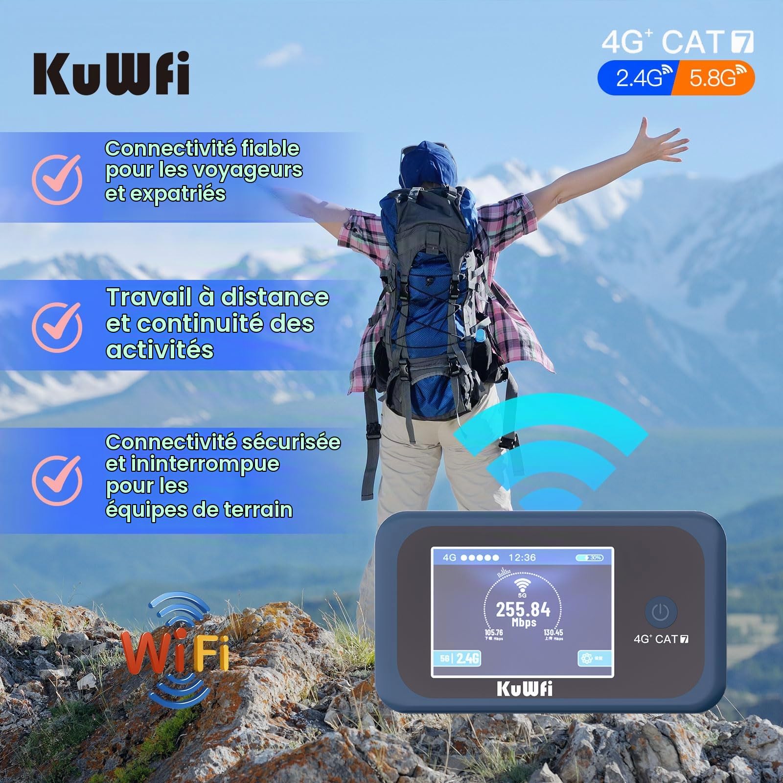 KuWFi Routeur WiFi 4G+ Portable, Hotspot LTE Cat7 Débloqué pour Voyage | Routeur WiFi Double Bande 300 Mbps, Batterie 3000 mAh, Carte SIM 2 Go Incluse, Idéal pour Camping-car, Voyages et Télétravail