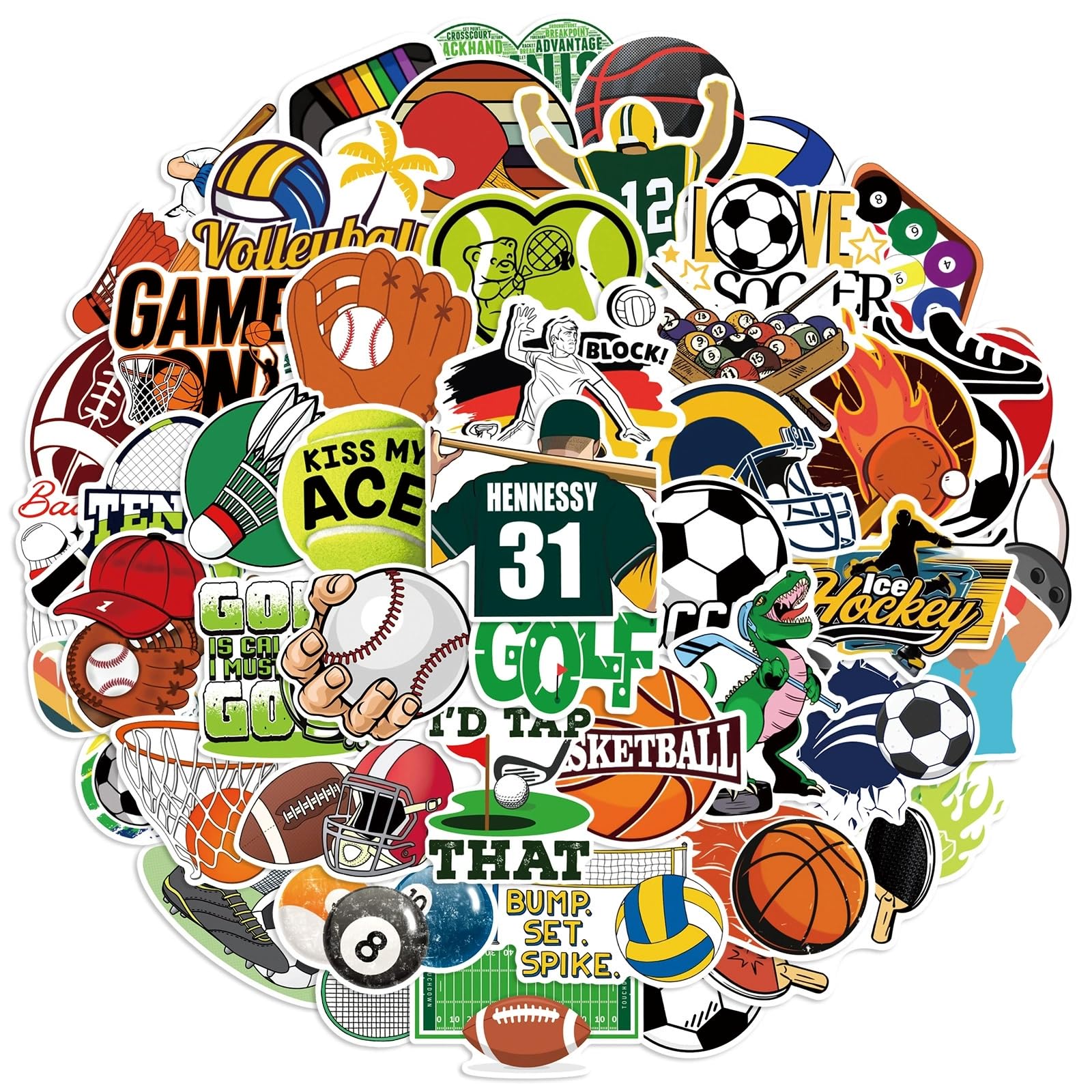 50 Stück Ball Aufkleber Pack Ball Sticker Set Wasserdichte Vinyl Sticker für Laptop Kinder Autos Motorrad Fahrrad Skateboard Gepäck Koffer Computer Aufkleber Graffiti Decal
