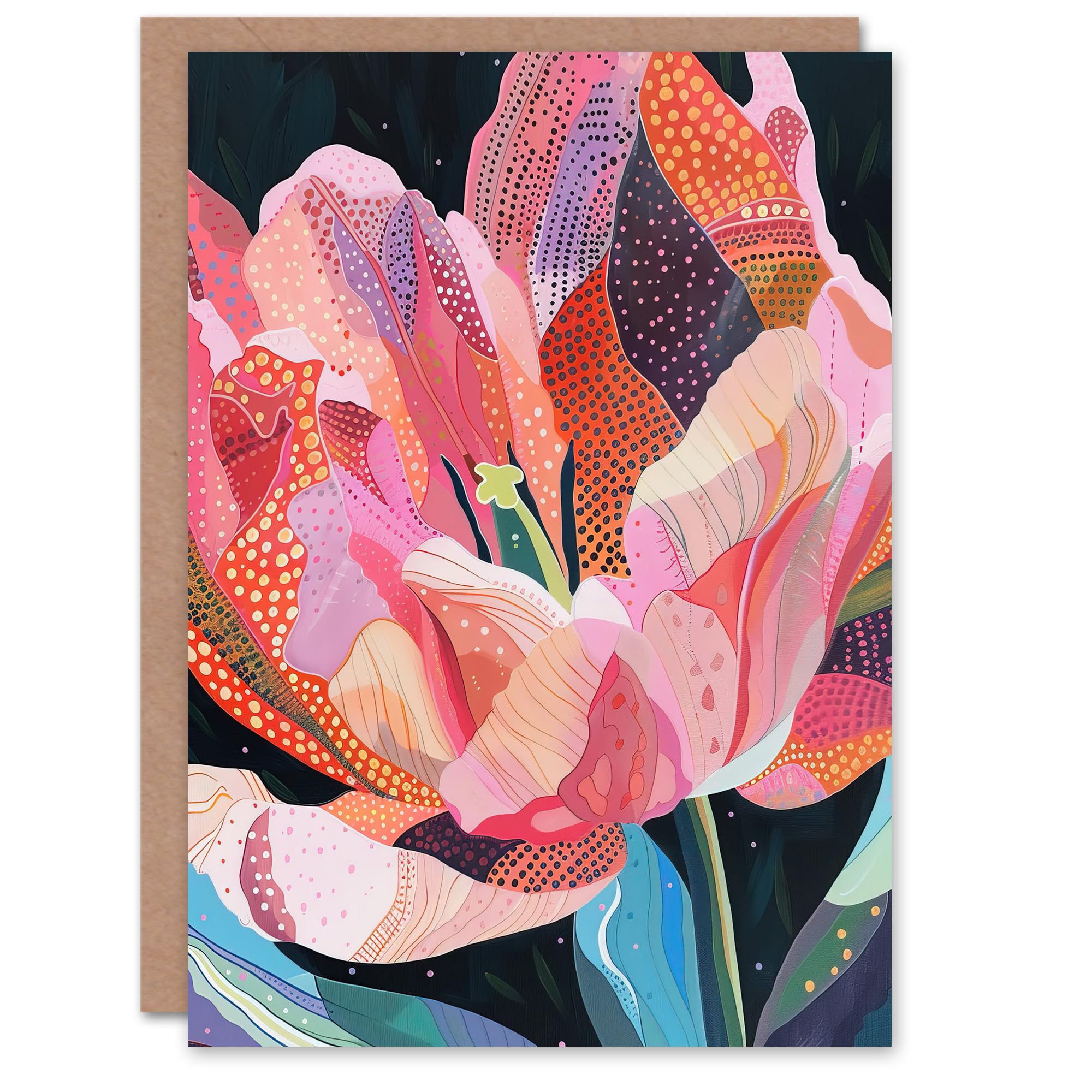 Artery8 Greeting Card Pink Trumpet Lily Flower Colourful Folk Patterns Blank For Him Or Her Art Birthday Card