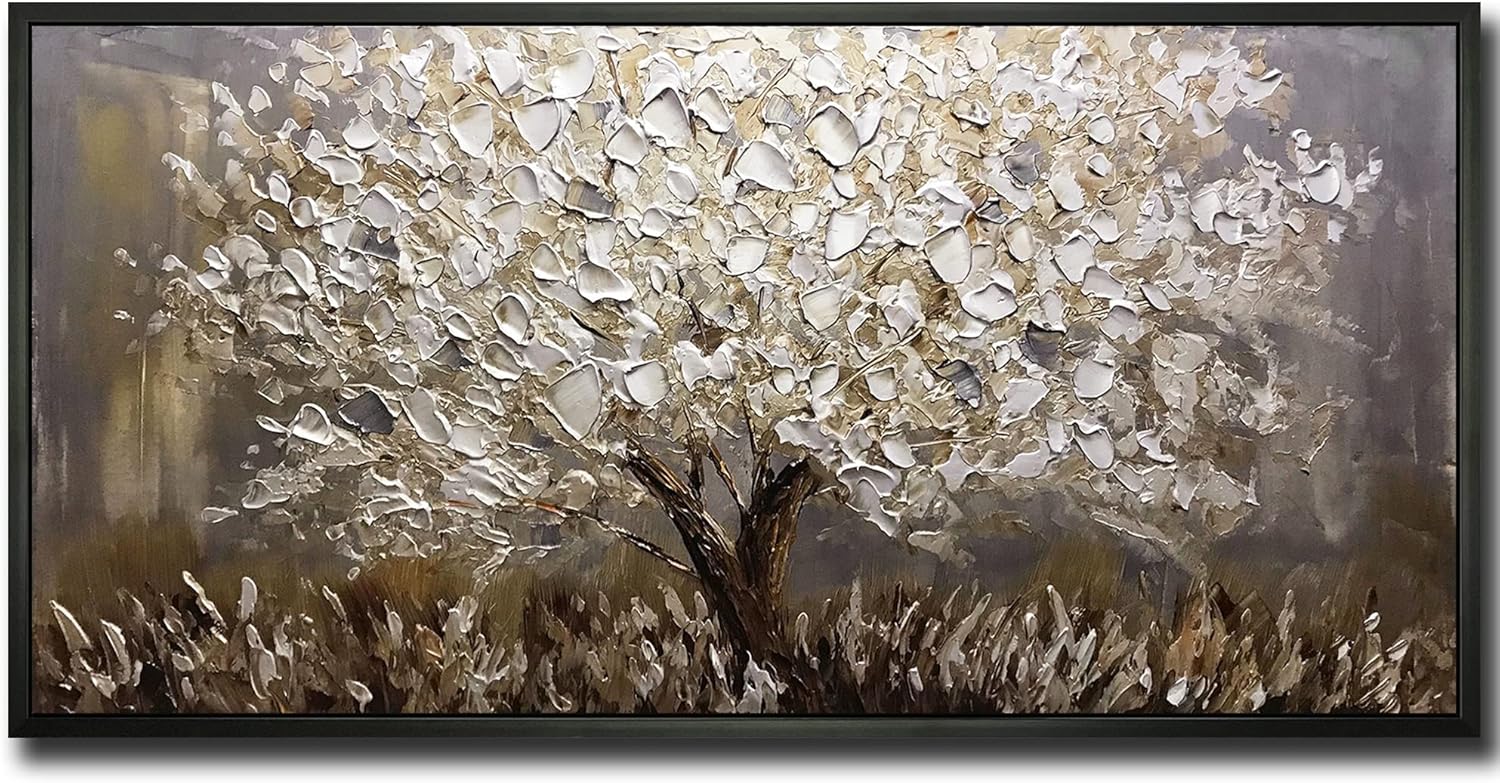 Boiee Art,24x48Inch Textured Hand Painted Silver Gray Wall Art Landscape Canvas Artwork 3D Abstract Money Tree Oil Paintings with Black Polystyrene Frame Modern Home Wall Decor Art 48"L x 24"W Silver2