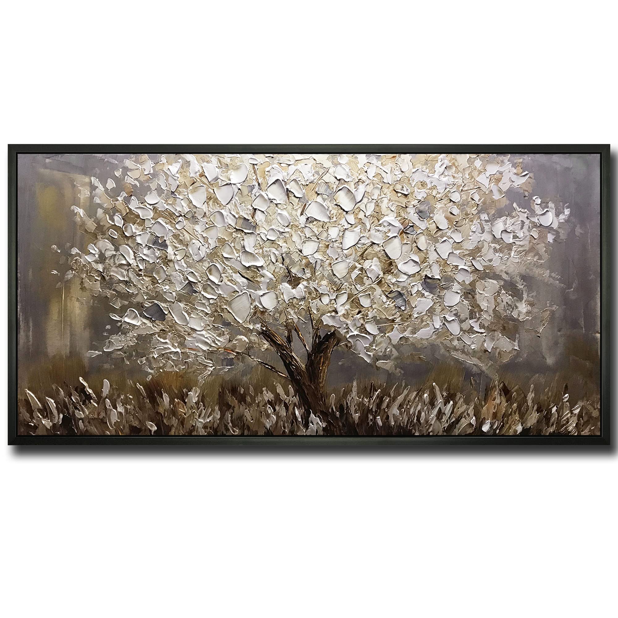 Boiee Art,24x48Inch Textured Hand Painted Silver Gray Wall Art Landscape Canvas Artwork 3D Abstract Money Tree Oil Paintings with Black Polystyrene Frame Modern Home Wall Decor Art