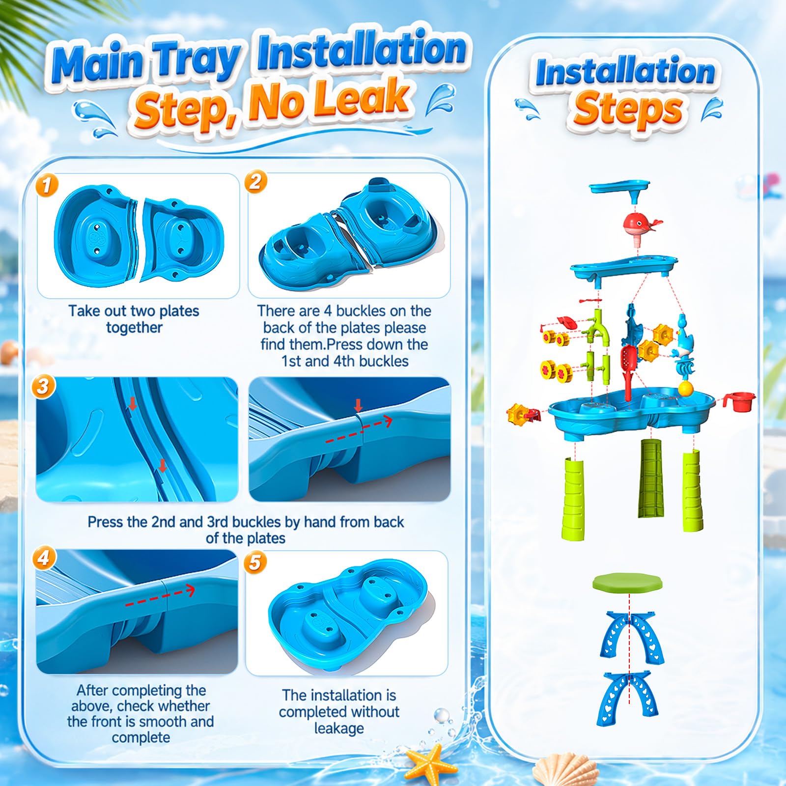 Tavolo da gioco 2 in 1 per bambini, stabile e affidabile, 3 livelli, effetto ruota d'acqua, con cascata e accessori di animali marini, giocattolo d'acqua per bambini, per esterni, giardino, terrazza