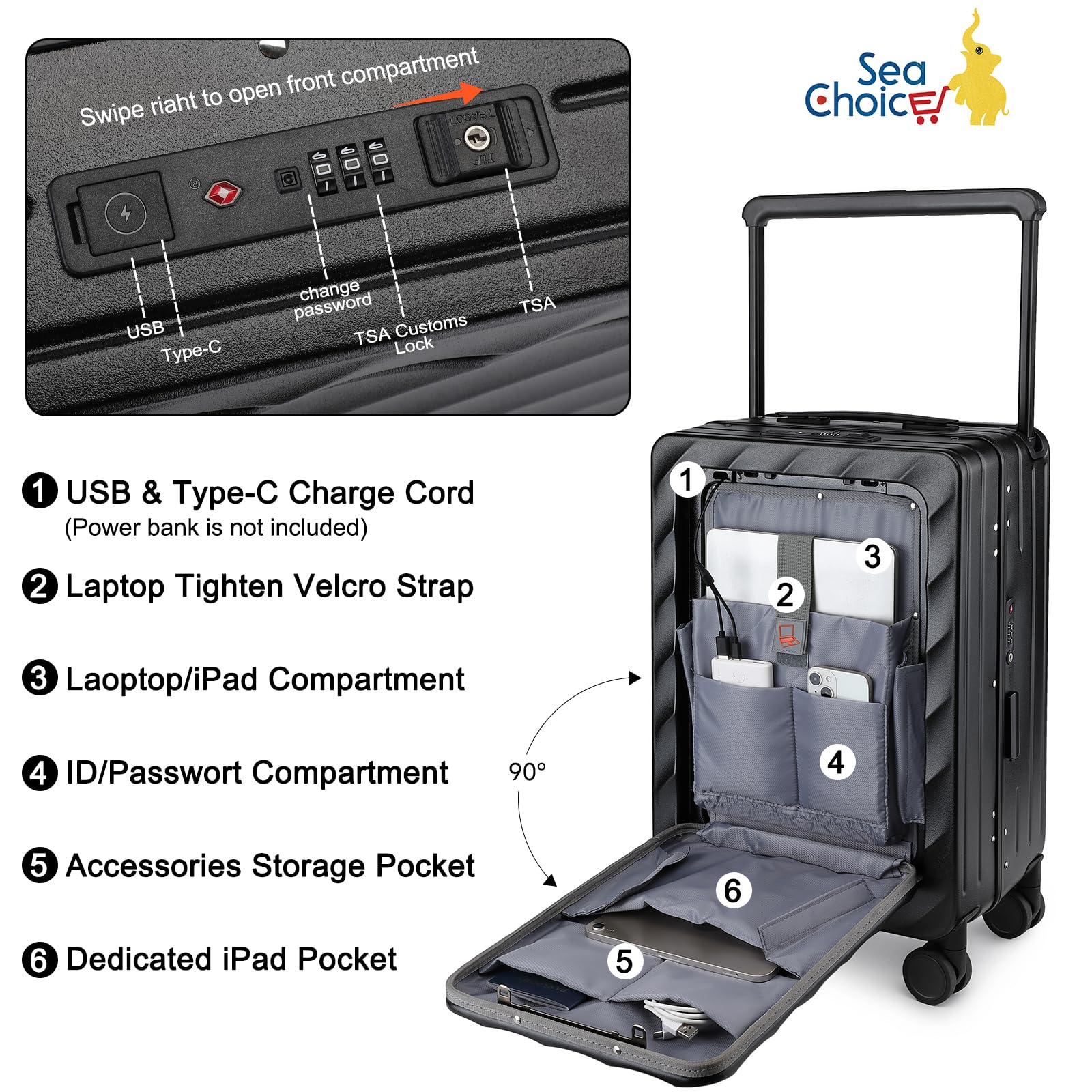 Sea choice Maleta con Ruedas y Compartimento para Ordenador portátil Maleta de Mano Maleta rígida para Ordenador portátil Maleta de Viaje Puerto USB Cerradura TSA 4 Ruedas