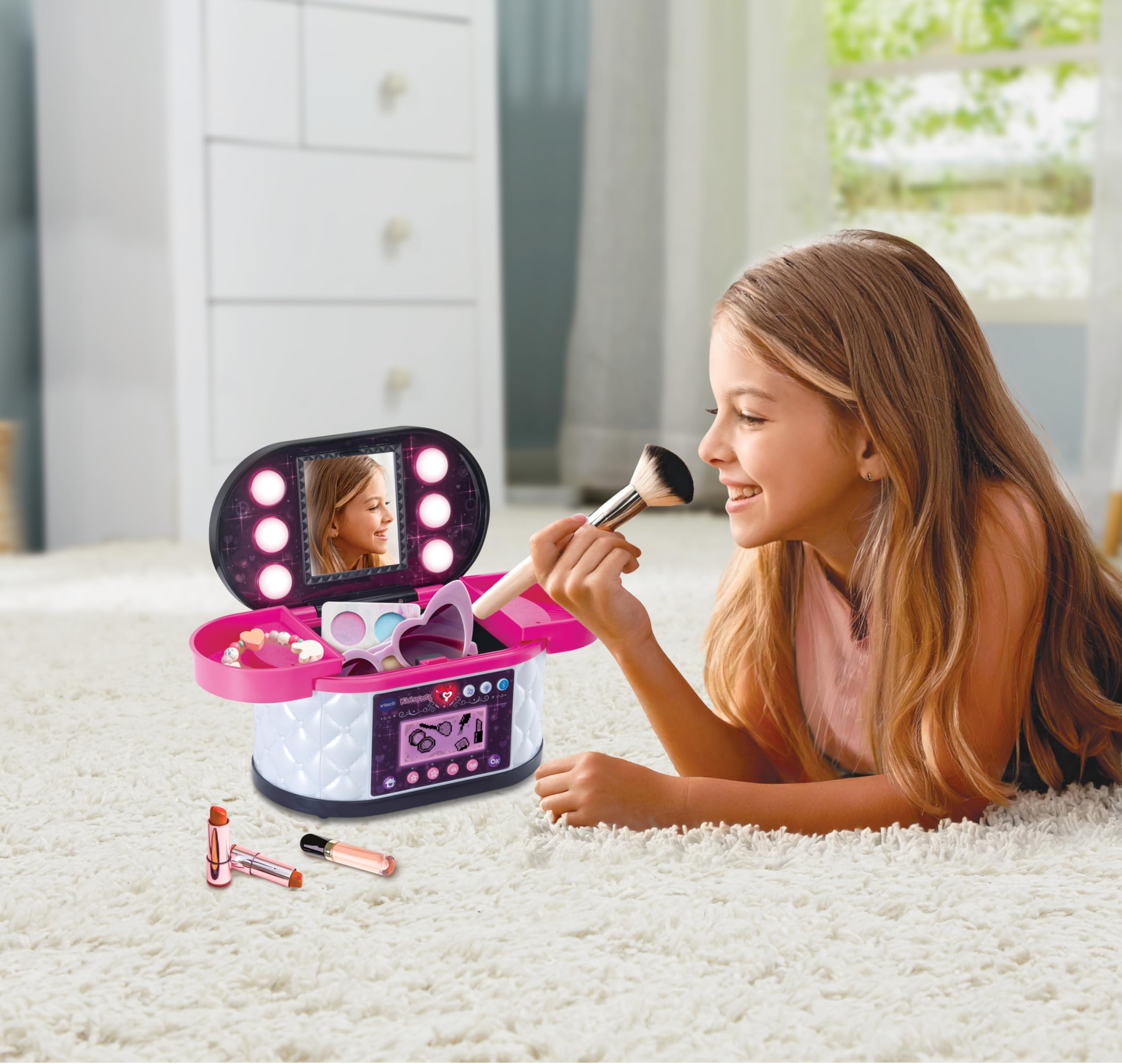 VTech - Maletín Secreto de Maquillaje, Joyero Interactivo, Código Personal, Espejo, Juguete niños +5 años, Color Negro, Pantalla LCD, Actividades mágicas, Bluetooth, Radio, Versión ESP