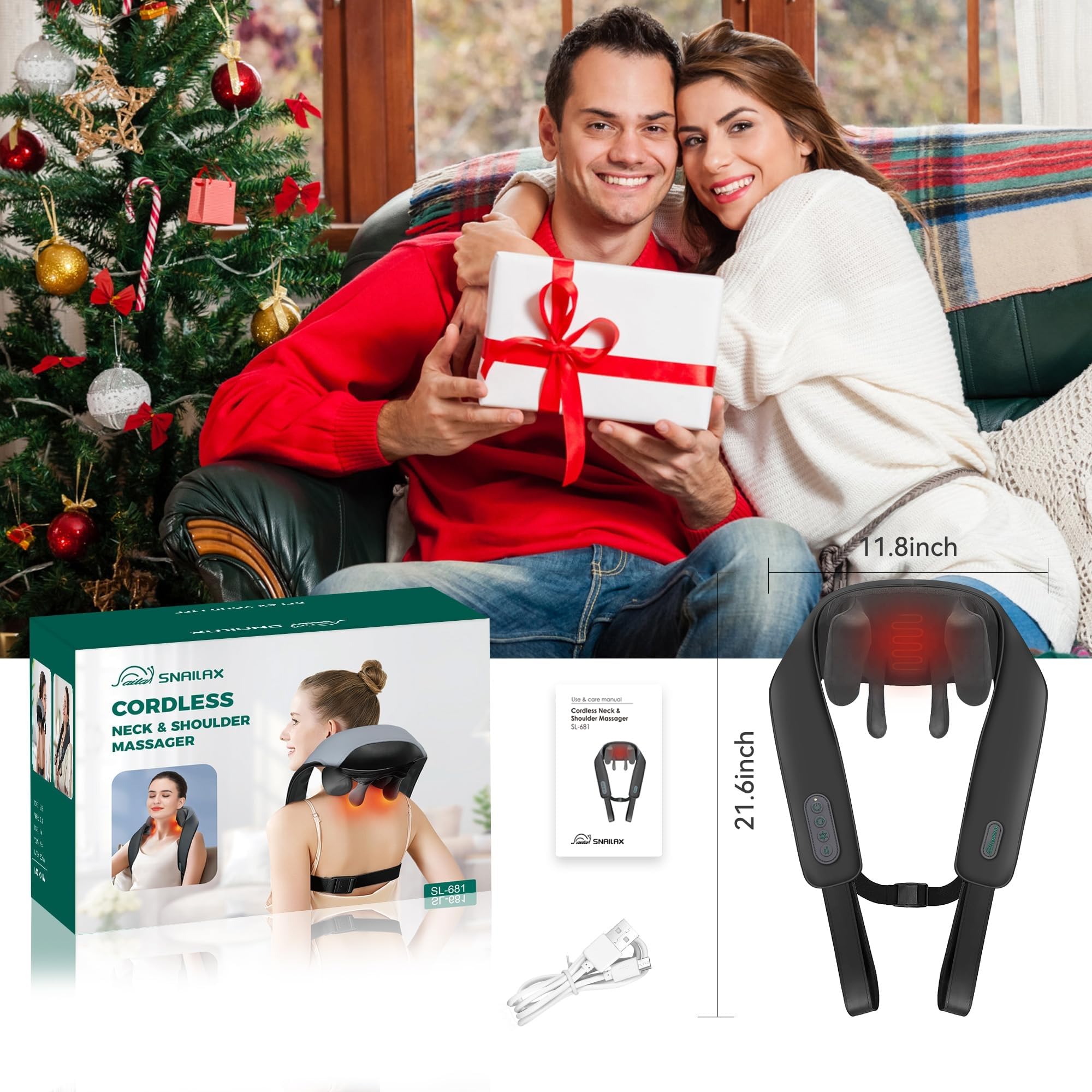 Snailax Masajeador Cervical, Masajeador cervical y espalda con Calor, Masajeador Inalámbrico de Cuello, 4D Shiatsu maseajor cervical y espalda con Masaje,Regalos para Hombres Mujeres