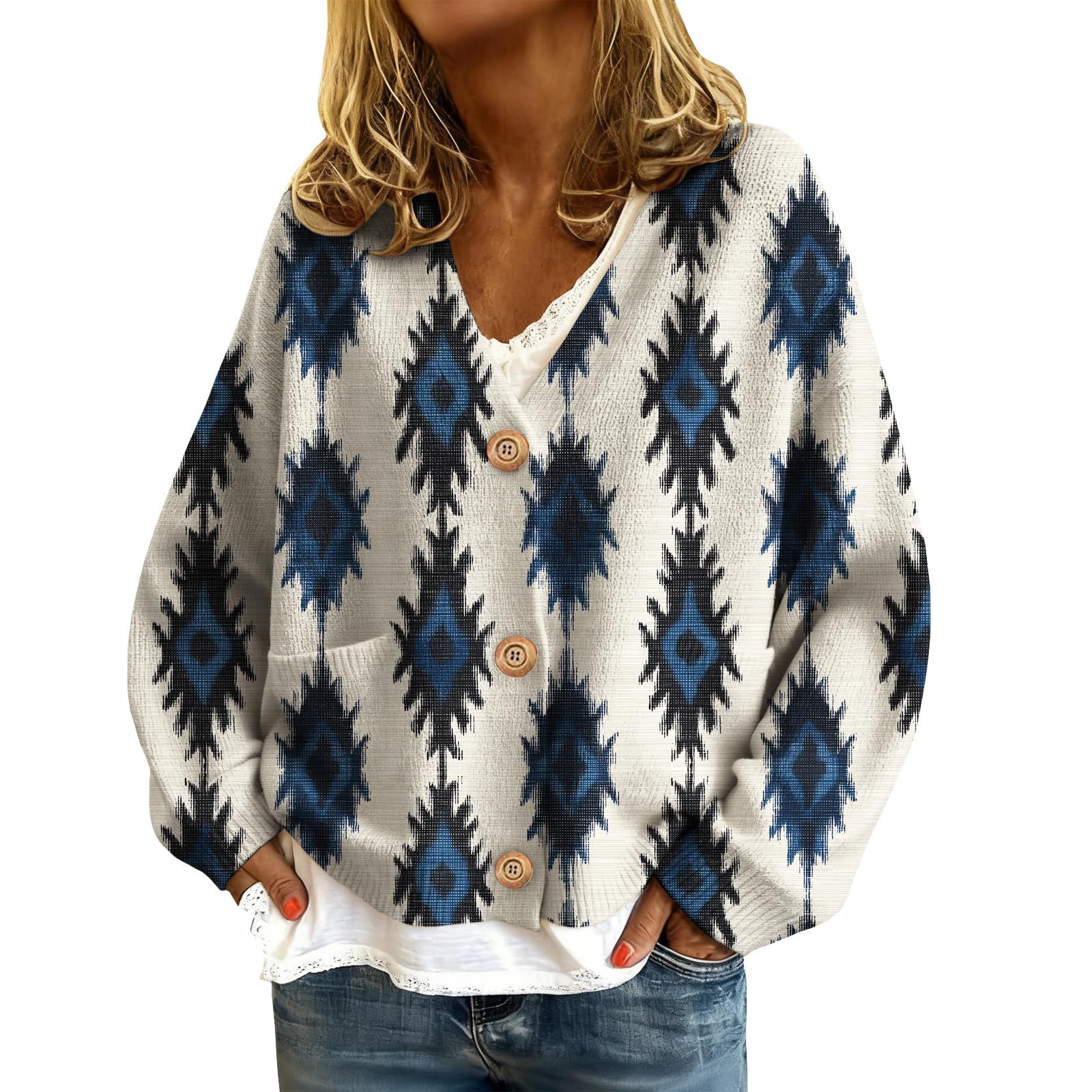 Women Vintage Western Aztec Cardigan Sweater Coat Western Casual Button Down V Neck Outwear Jackets with Pocket