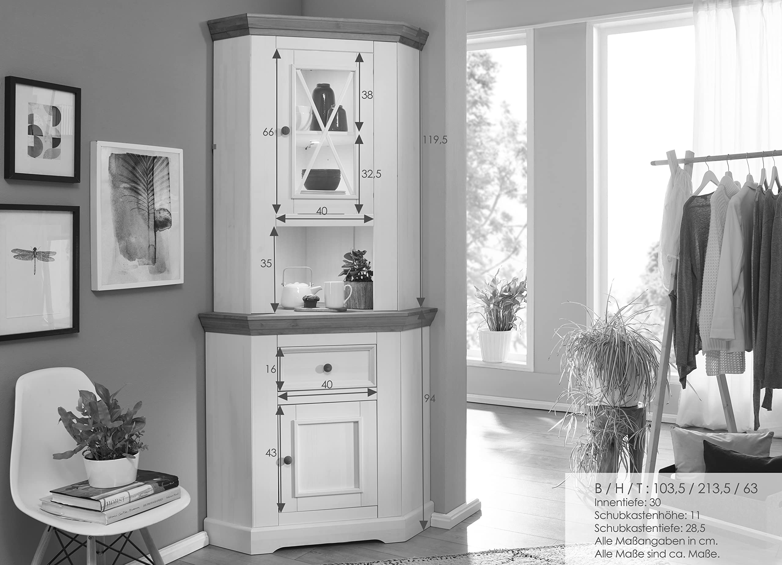 Woodroom Buffet Oslo in Kiefer massiv grau (BxHxT 104x214x69 cm), Eckanrichte