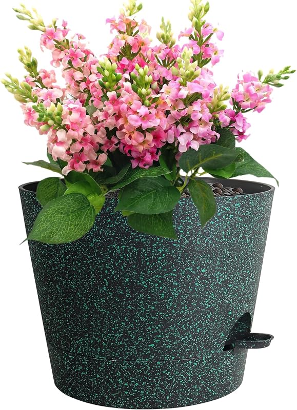 Meowell 12 inch Large Self Watering Pots for Indoor Outdoor Plants, Flower Plant Pots with Mesh Drainage Holes for Garden, Plastic Planters with Reservoir for Home Plants, Black with Green Speckles