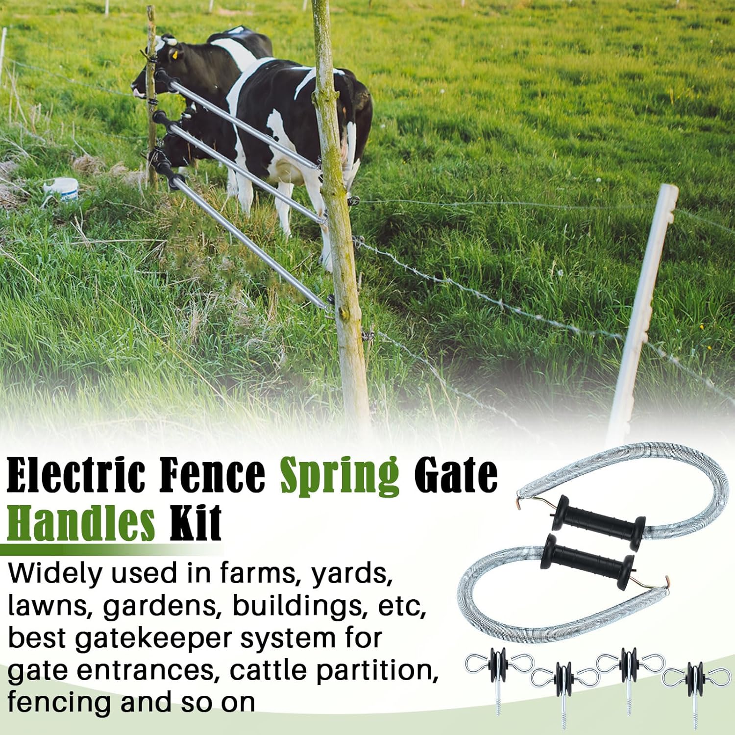 Hicarer 4 Set Electric Fence Spring Gate Handles Kit, Fence Handles with Spring, Corner End Screw-in Ring Insulators, 16 Feet Retractable Electric Gate, Black