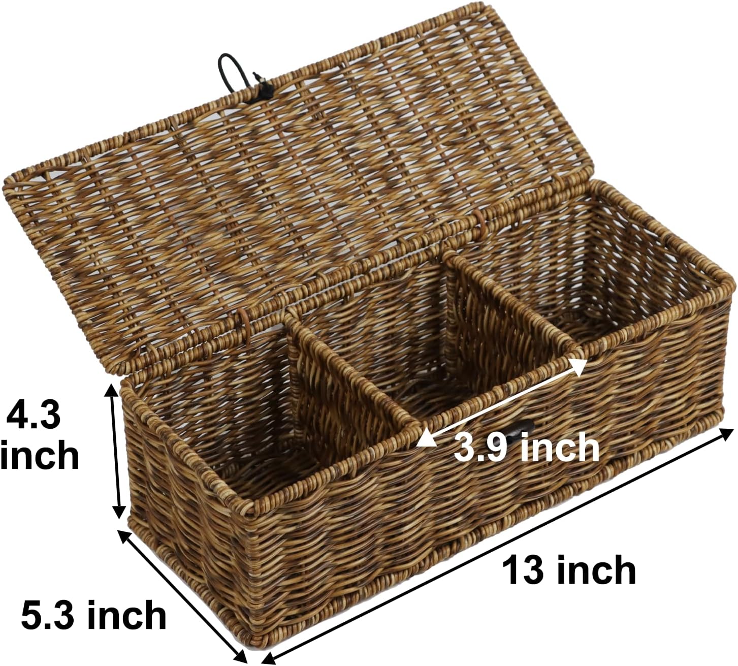 防水ウィッカーストレージバスケット、蓋付き長方形タンク織りバスケット、セクション付き、タンポンホルダー、スナックおもちゃバスルーム用
