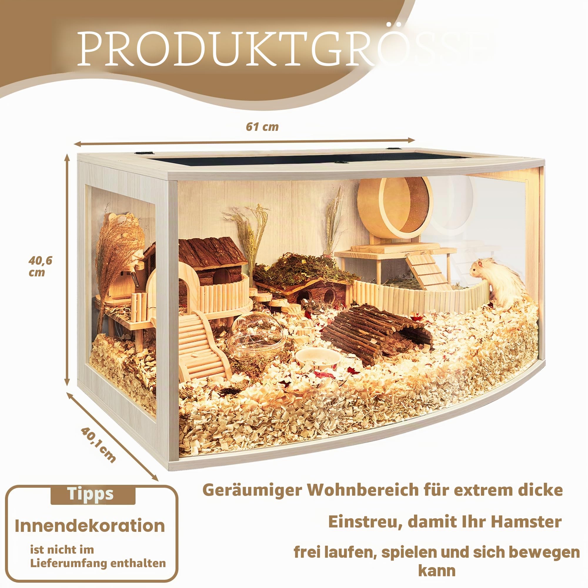 Prolee Hamsterkäfig, kaufestes Holz, Hamstergehege, offene Oberseite mit gebogenem Design, wasserdichter Kleintierkäfig mit Acrylplatten für Rennmäuse, Hamster-Habitat (61 cm)