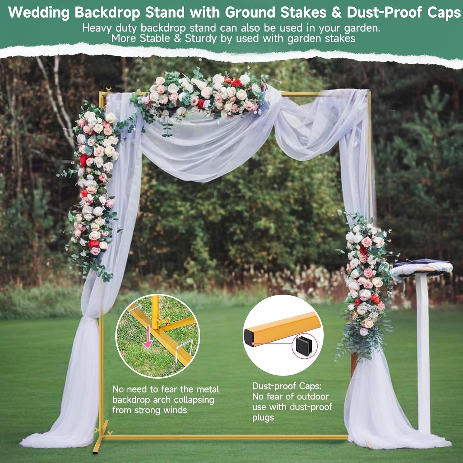 Wedding Arch Backdrop Stand Square 6.6x6.6FT Gold Balloon Arch Stand Garden Arbor Backdrop Frame for Wedding Party Birthday Baby Shower Photo Booth Background Decoration