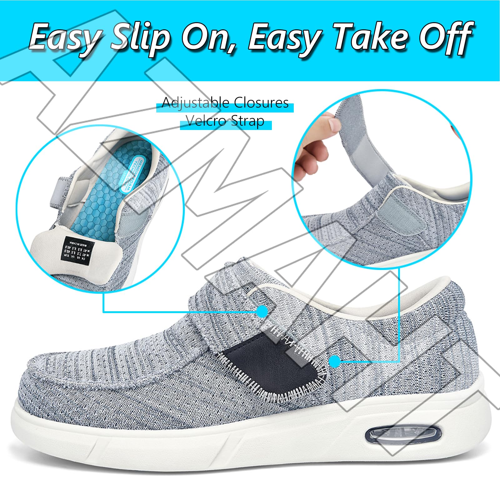 Scarpe Comode Anziani Slip-On Uomo Ortopediche con Strappo per Pianta Larga Senza Lacci Pantofole Diabetici Sneaker Infilare Cuscino d'Aria,Nero,46 EU