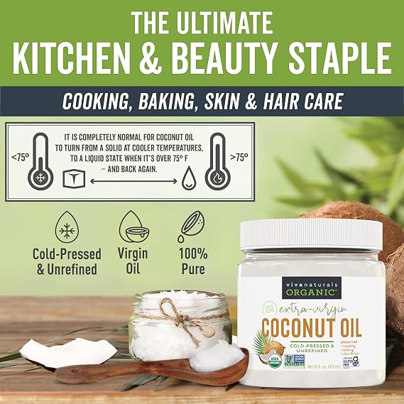 Viva Naturals Organic Coconut Oil, 16 fl oz Unrefined, Cold-Pressed Extra Virgin Coconut Oil, USDA Organic & Non-GMO, Natural Cooking Oil, Hair Oil & Skin Oil