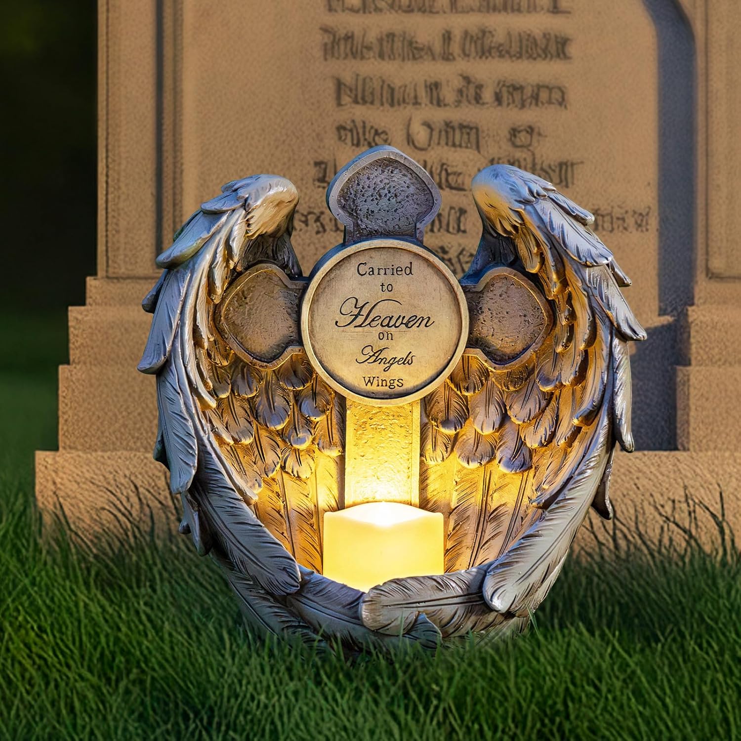 12“ Angel Wings Embracing Cross Solar Flameless LED Candles Outdoor Garden Memorial Statue for Garden Decoration Yard Art, A Touching Memorial Gift & Condolence Gifts Grave Decorations for Cemetery