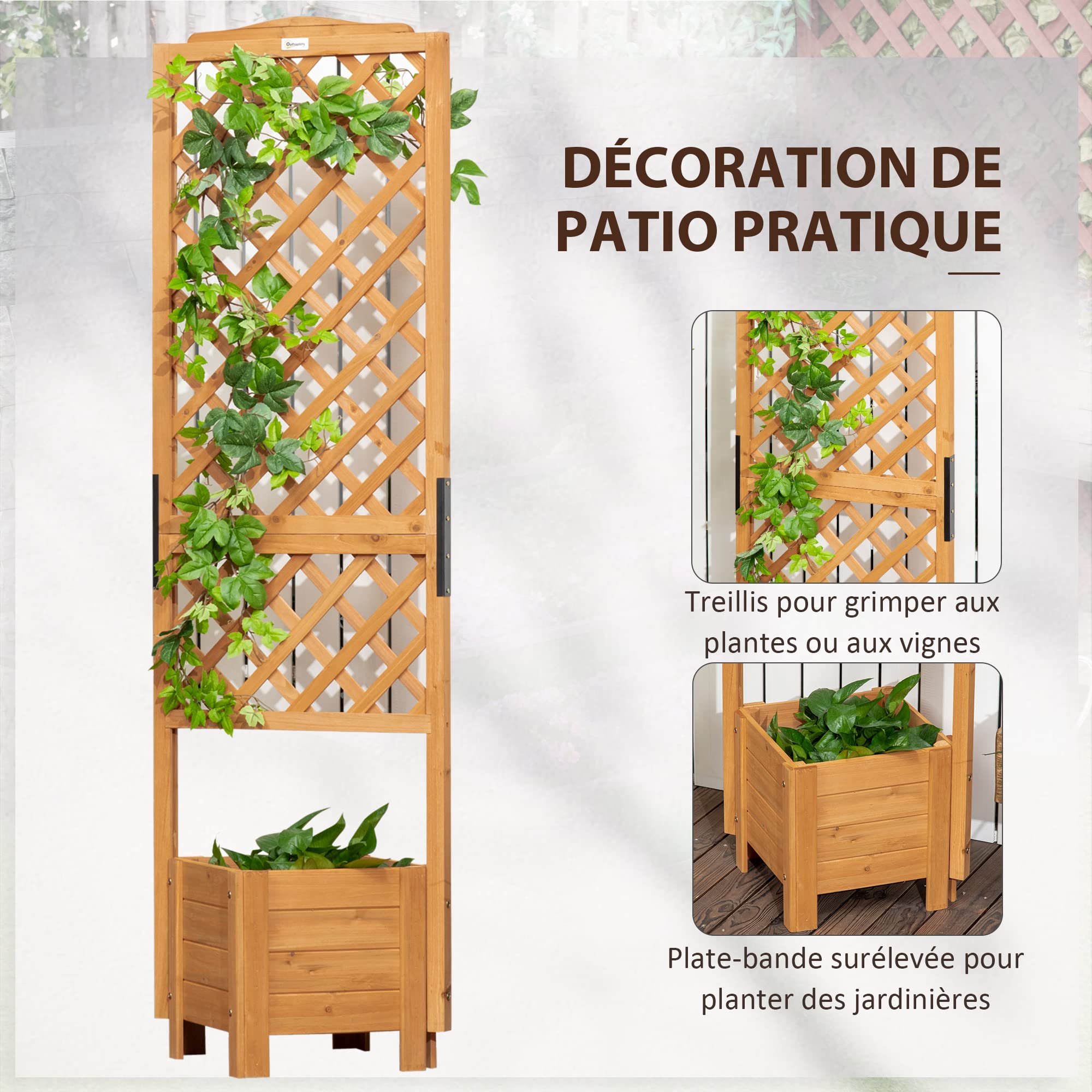 Outsunny Jardinière avec Treillis sur Pieds Bois 54,5L x 52l x 180H cm | Pour Fleurs Plantes, Sapin Pré-huilé