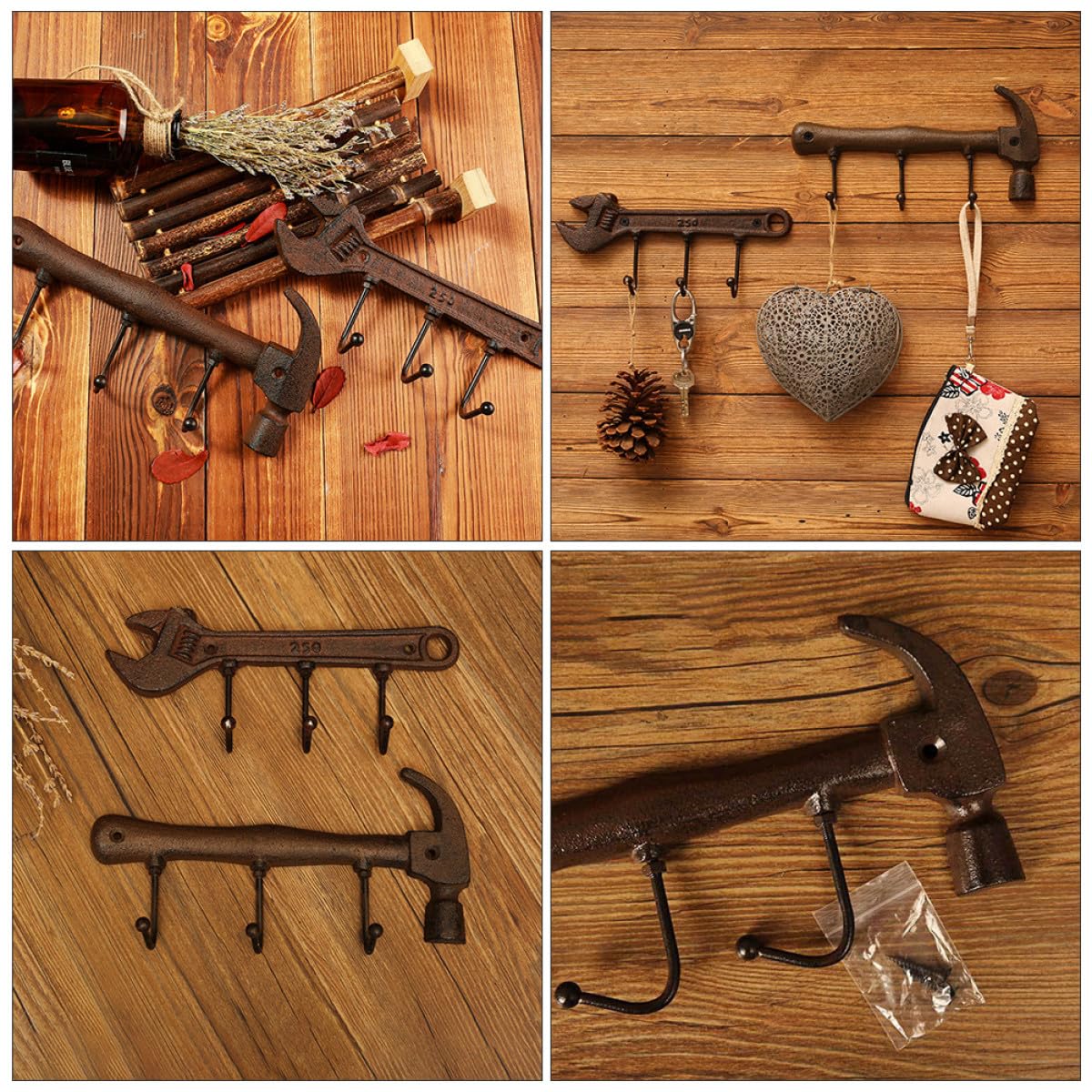 GLEAVI Set di Ganci da Muro Decorativi e Resistenti Forma di Martello e Chiave Inglese Stile Industriale in Ferro per Soggiorno e Studio