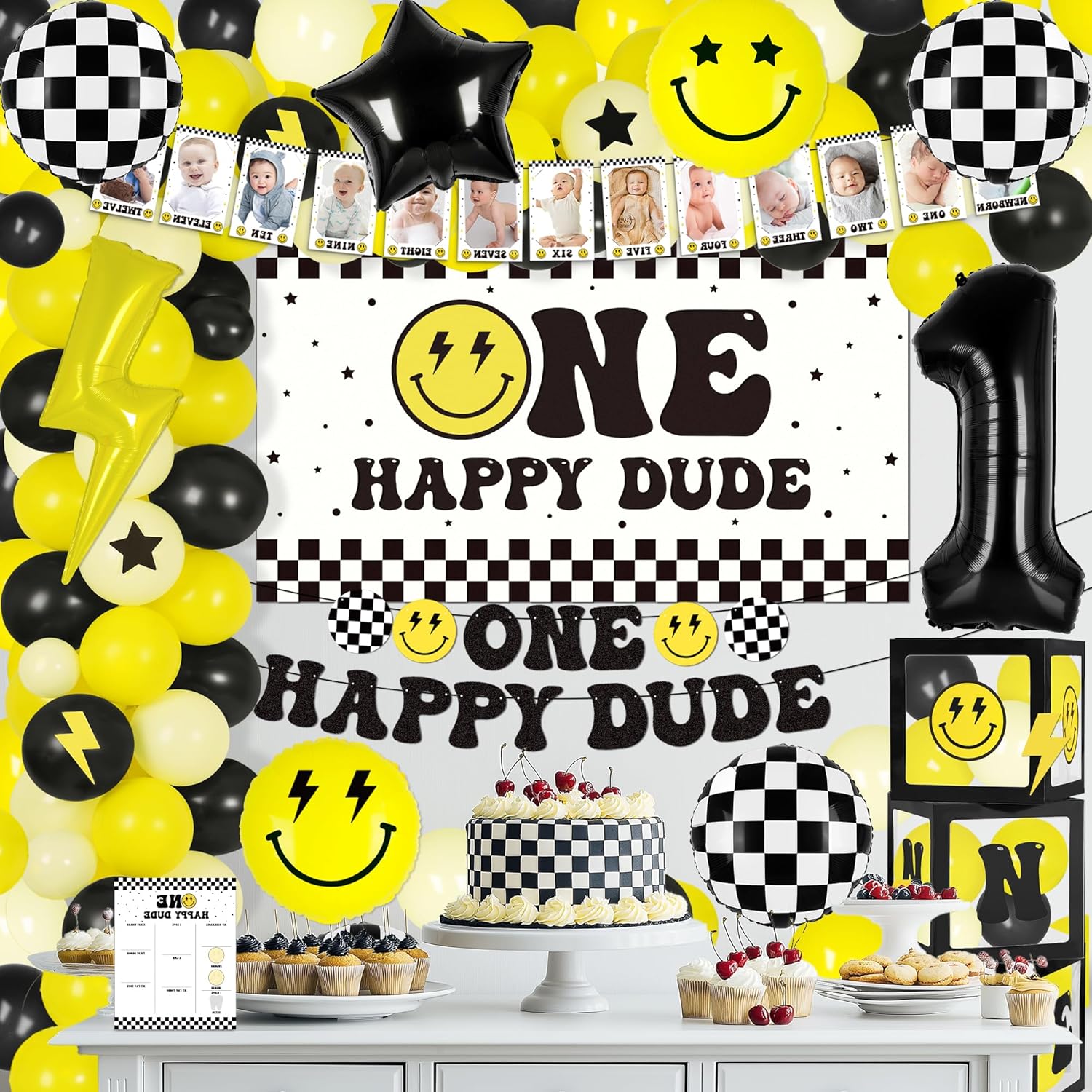 Kriyokiaa One Happy Dude 1st Birthday Decorations for Boy Smile Face Balloons Arch High Chair Banner Backdrop Birthday Party Supplies Backdrops