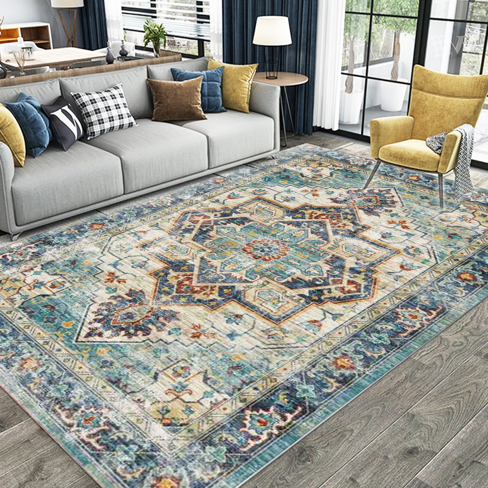 8’x10’ Corismatte Washable Rug, Vintage Persian Rug, Non Slip Large Carpet for Living Room Bedroom, Blue