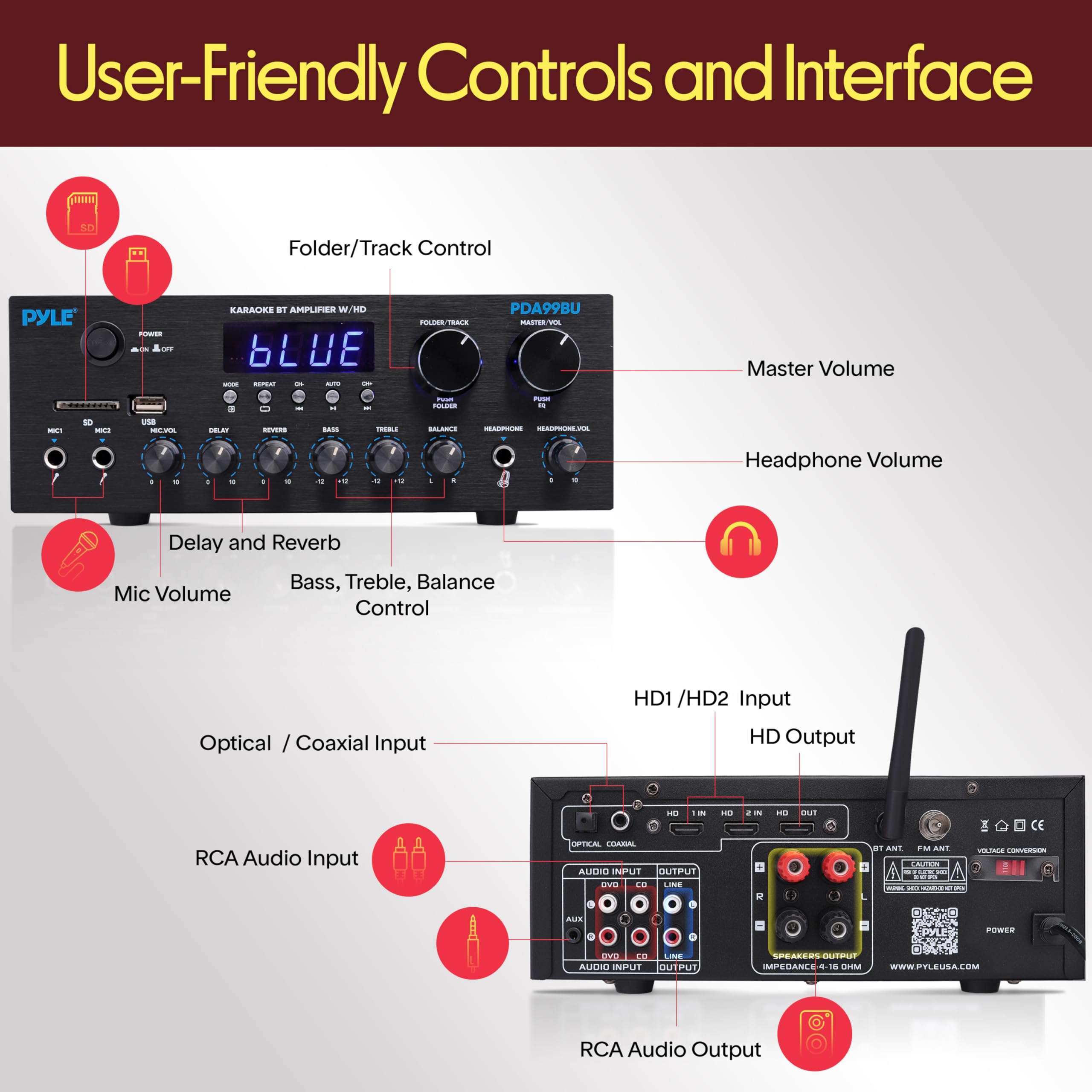 PDA99BU - Ricevitore audio stereo Bluetooth HD Home Audio 300 W, sistema audio a doppio canale, MP3, USB, SD, AUX, RCA, MIC, cuffie, FM, LED, ritardo di riverbero, per altoparlanti Home Theater,