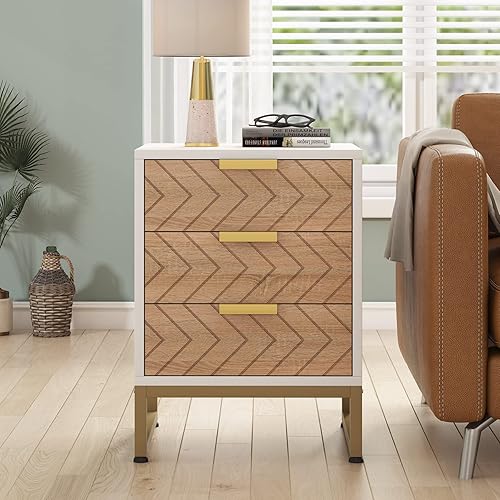 Miniatura 6 de Tribesigns Juego de 2 mesitas de noche de oro blanco, 2 cajones, mesita de noche para dormitorios, mesa auxiliar de madera moderna con diseño de