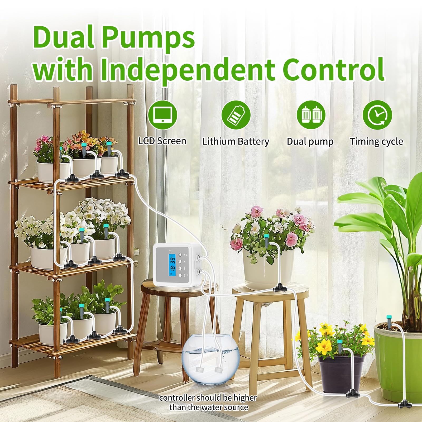 Sistema de riego automático inteligente de plantas para 20 macetas, kit de riego por goteo para interiores de doble bomba con temporizador programable de 30 días y carga USB-C