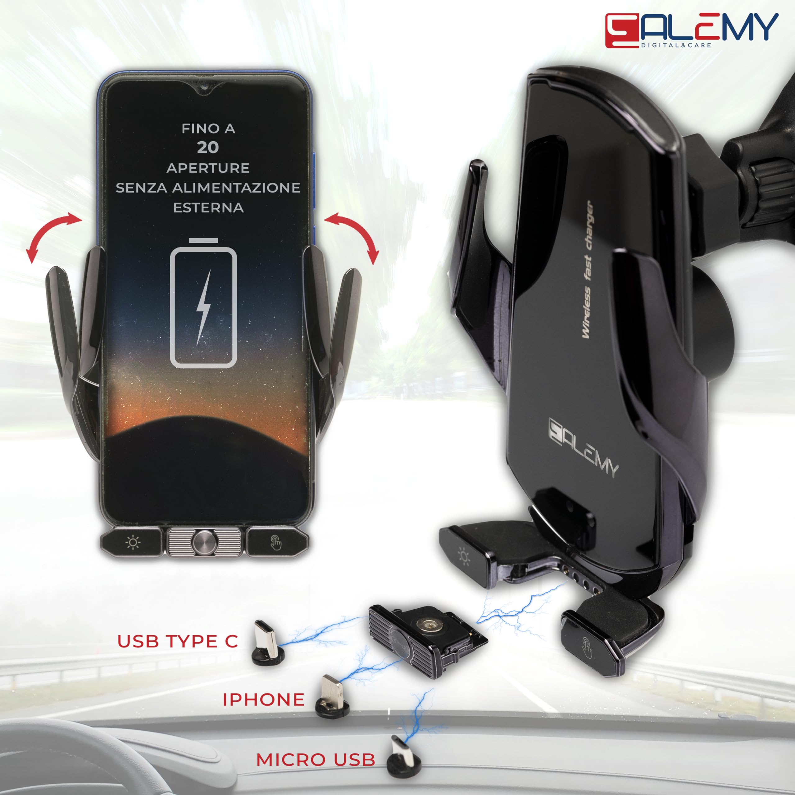ALEMY DIGITAL Caricatore Wireless Auto, Porta Cellulare Auto, Supporto Telefono Per Auto Universale Con Ricarica e Auto Bloccaggio Con Rotazione Di 360°