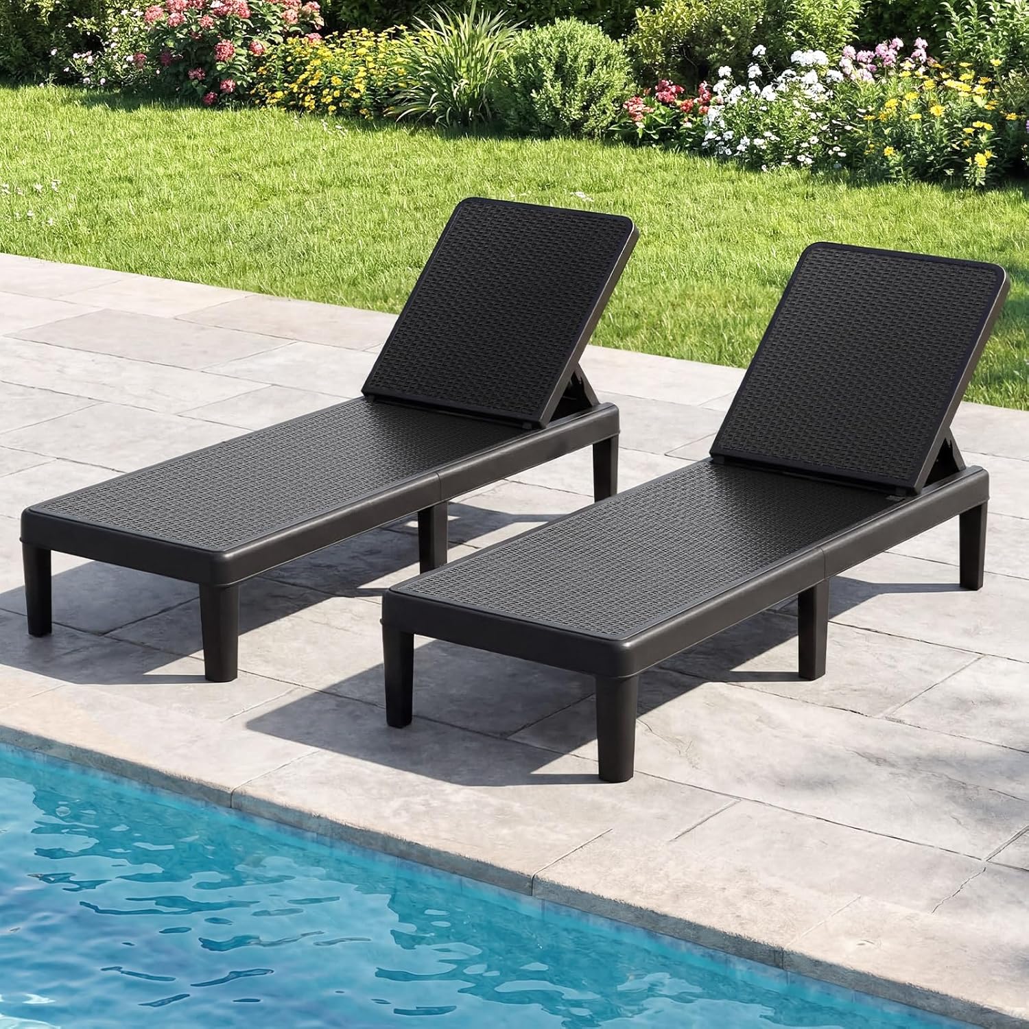 Tangkula Outdoor Chaise Lounger Chair, 4-Position Reclining Chair with Waterproof Rattan Textured PP Surface, 330 lbs Capacity & Easy Assembly for Pool Garden Deck Beach (1,Black)