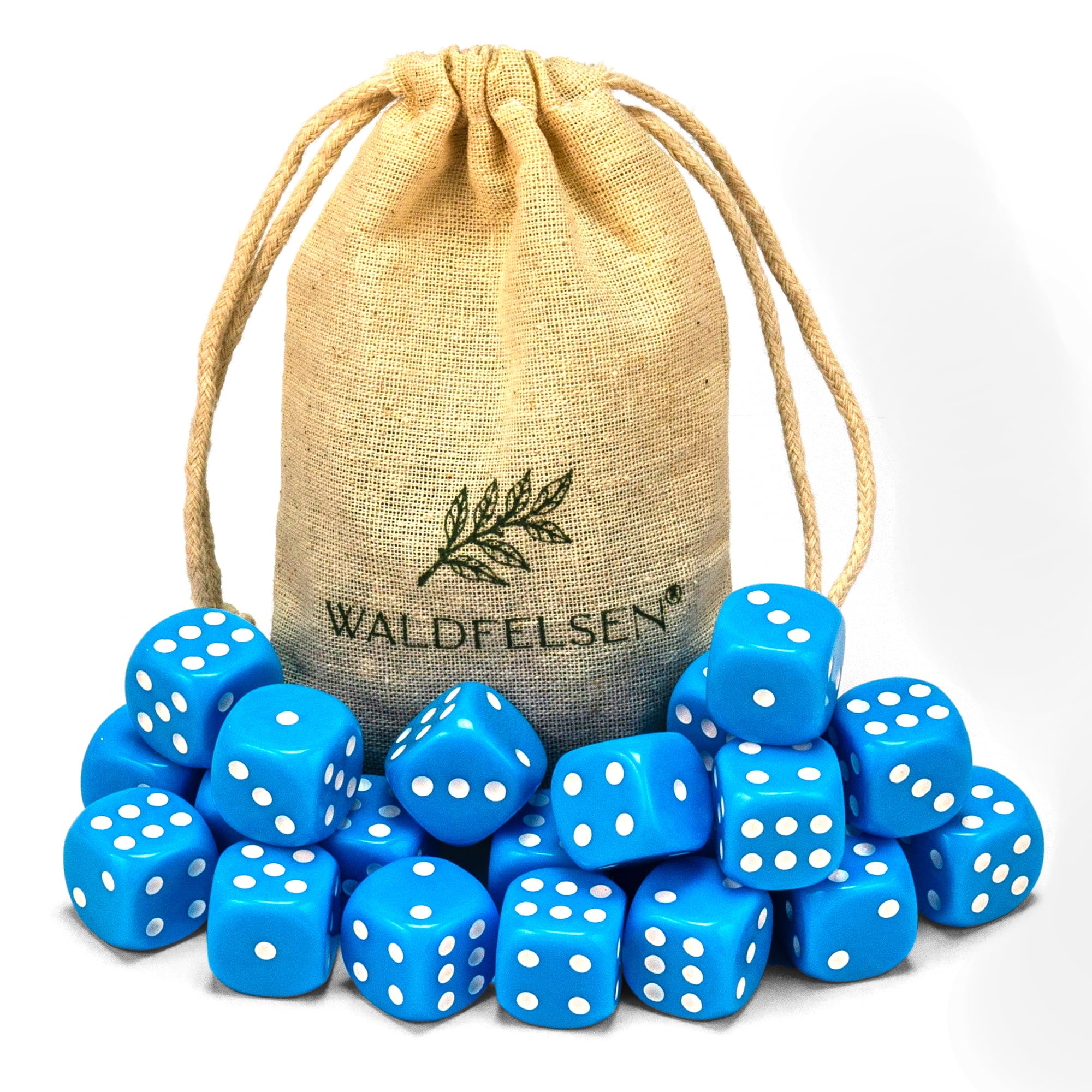 Waldfelsen® High-Quality Dice 6, 12, 20, 30 or 50 Standard Size 16 mm Acrylic Dice Puzzle Play Cube Dice 6-Sided Six Sided Play Accessories Set with Fabric Bag (Sky Blue, Pack of 20)