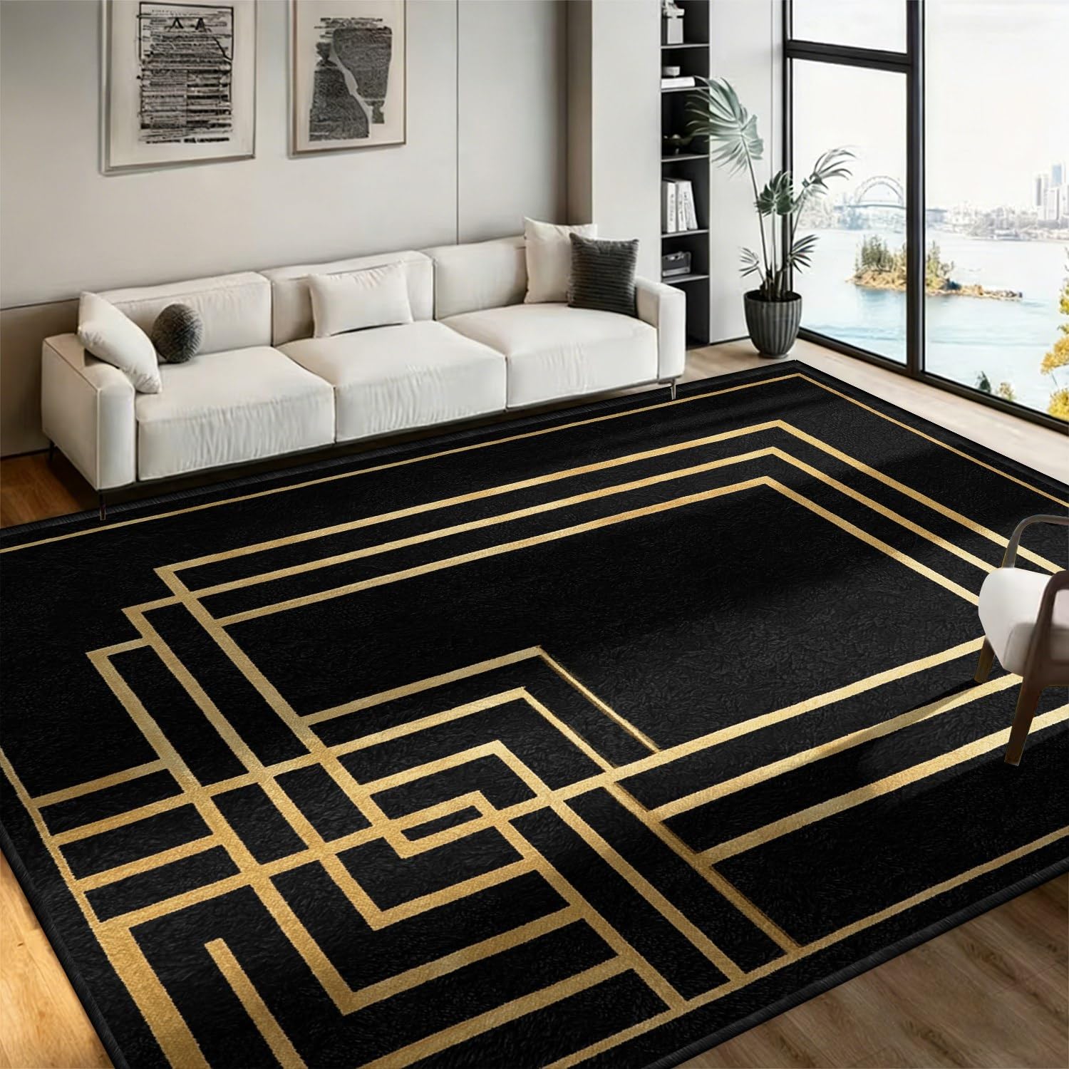 SOJAWA Black Gold Art Deco Area Rug 90x150cm, Modern Geometric Line Living Room Rugs, Washable Non Slip Low Pile Stain Resistant Rug for Bedroom Dining Room Home Decor